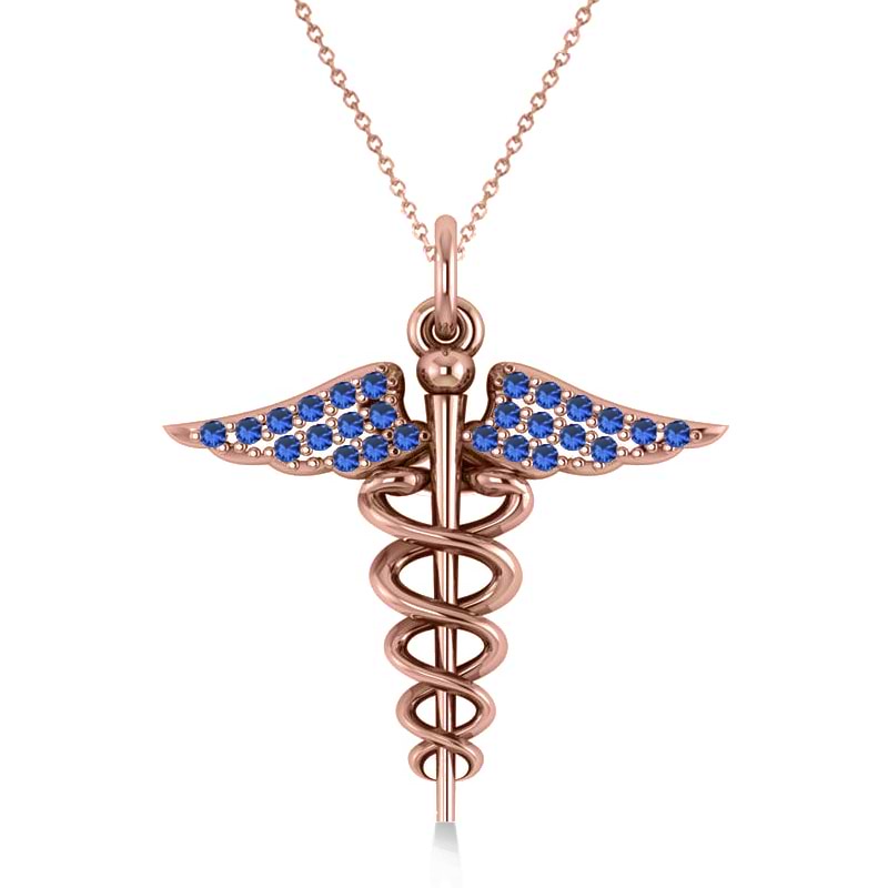Blue Sapphire Caduceus Medical Symbol Pendant 14k Rose Gold (0.13ct)