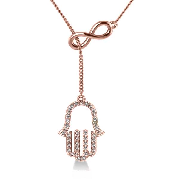 Infinity & Hamsa Religious Lariat Necklace 14k Rose Gold (0.20ct)