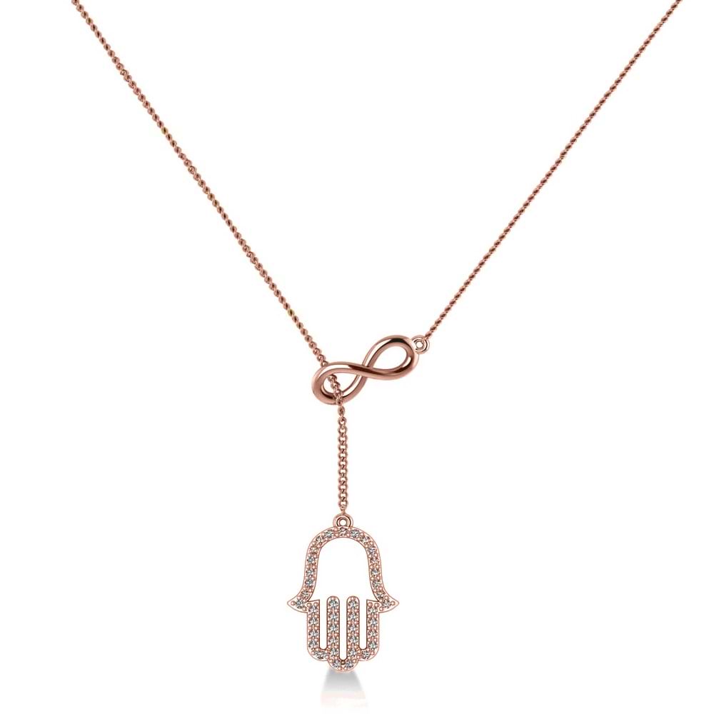 Infinity & Hamsa Religious Lariat Necklace 14k Rose Gold (0.20ct)