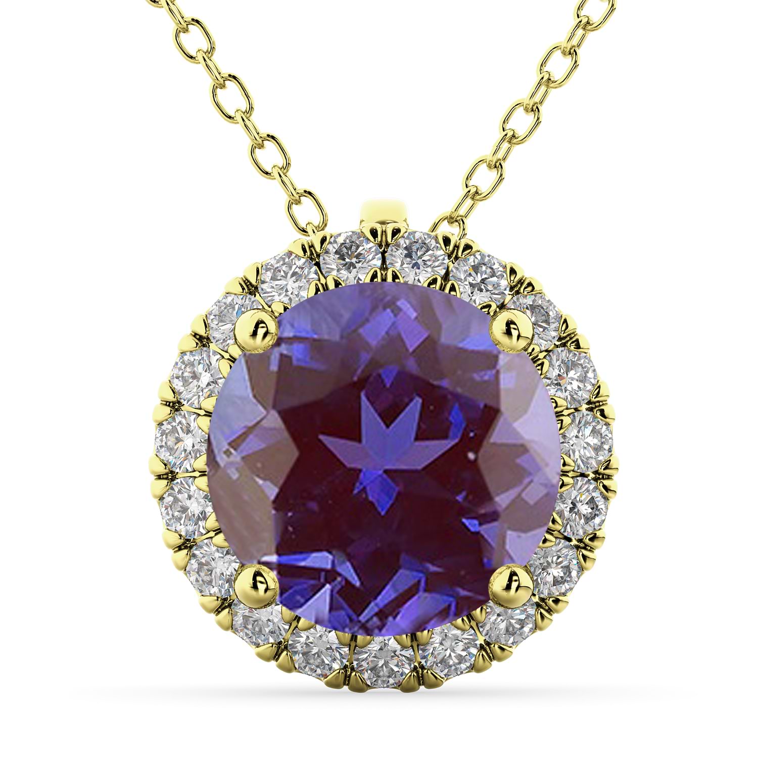 Halo Round Lab Alexandrite & Diamond Pendant Necklace 14k Yellow Gold (2.09ct)