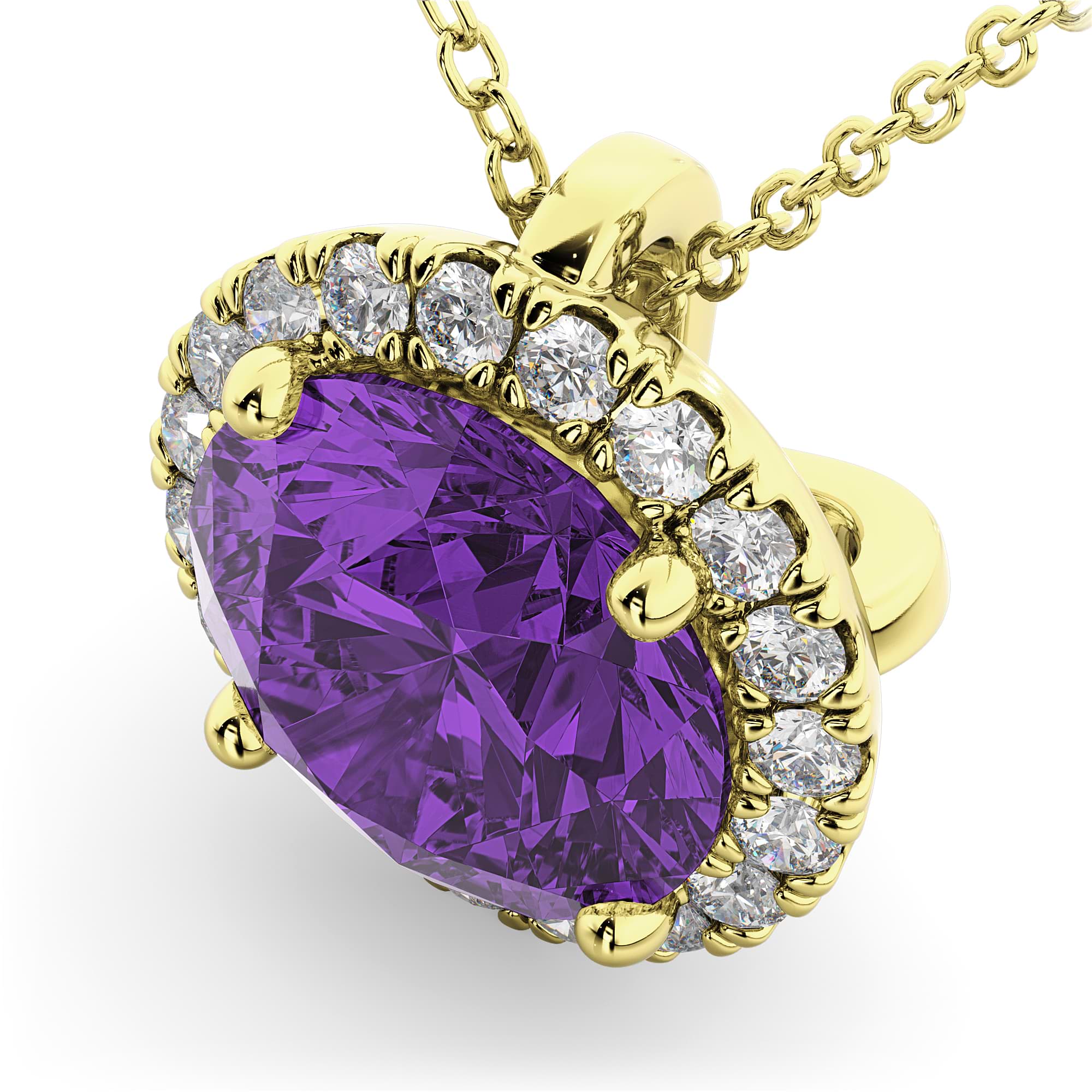 Halo Round Amethyst & Diamond Pendant Necklace 14k Yellow Gold (2.09ct)