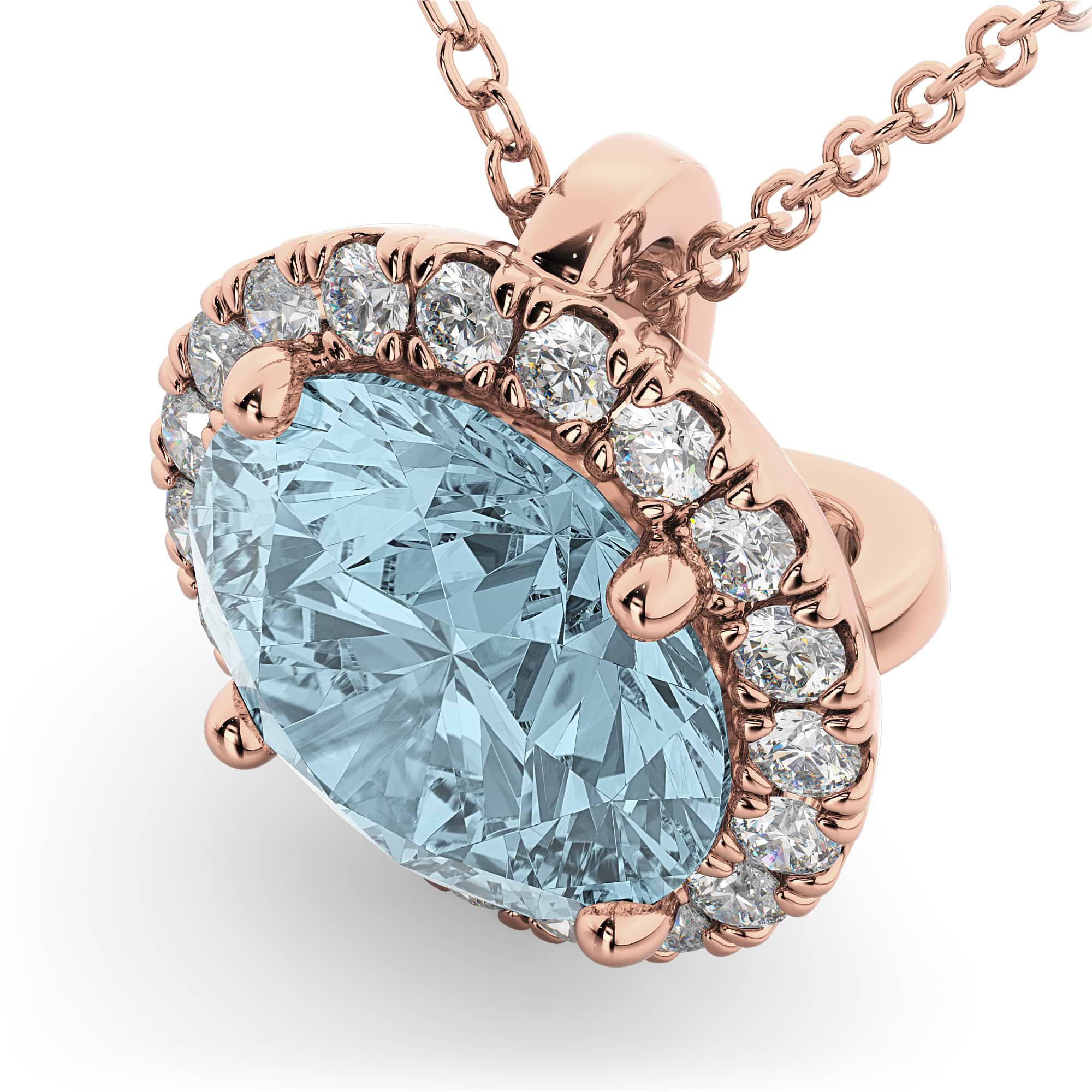 Halo Round Aquamarine & Diamond Pendant Necklace 14k Rose Gold (2.69ct)