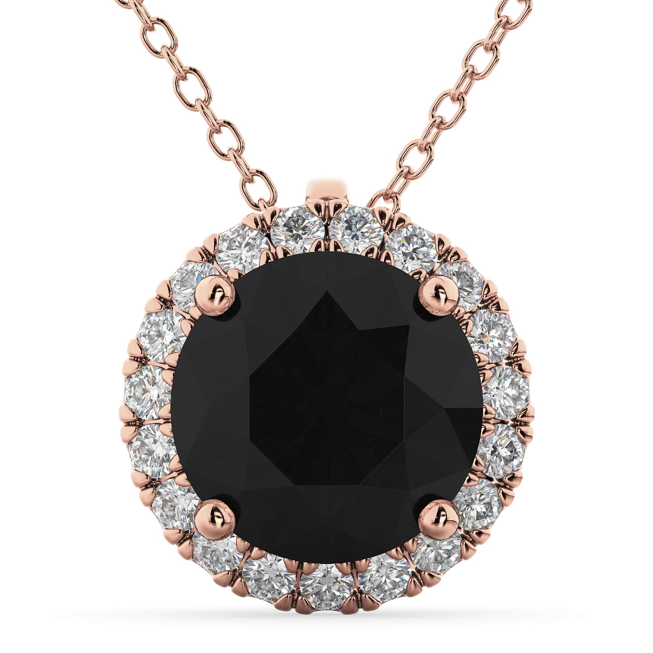 Halo Round Black Diamond Pendant Necklace 14k Rose Gold (2.29ct)