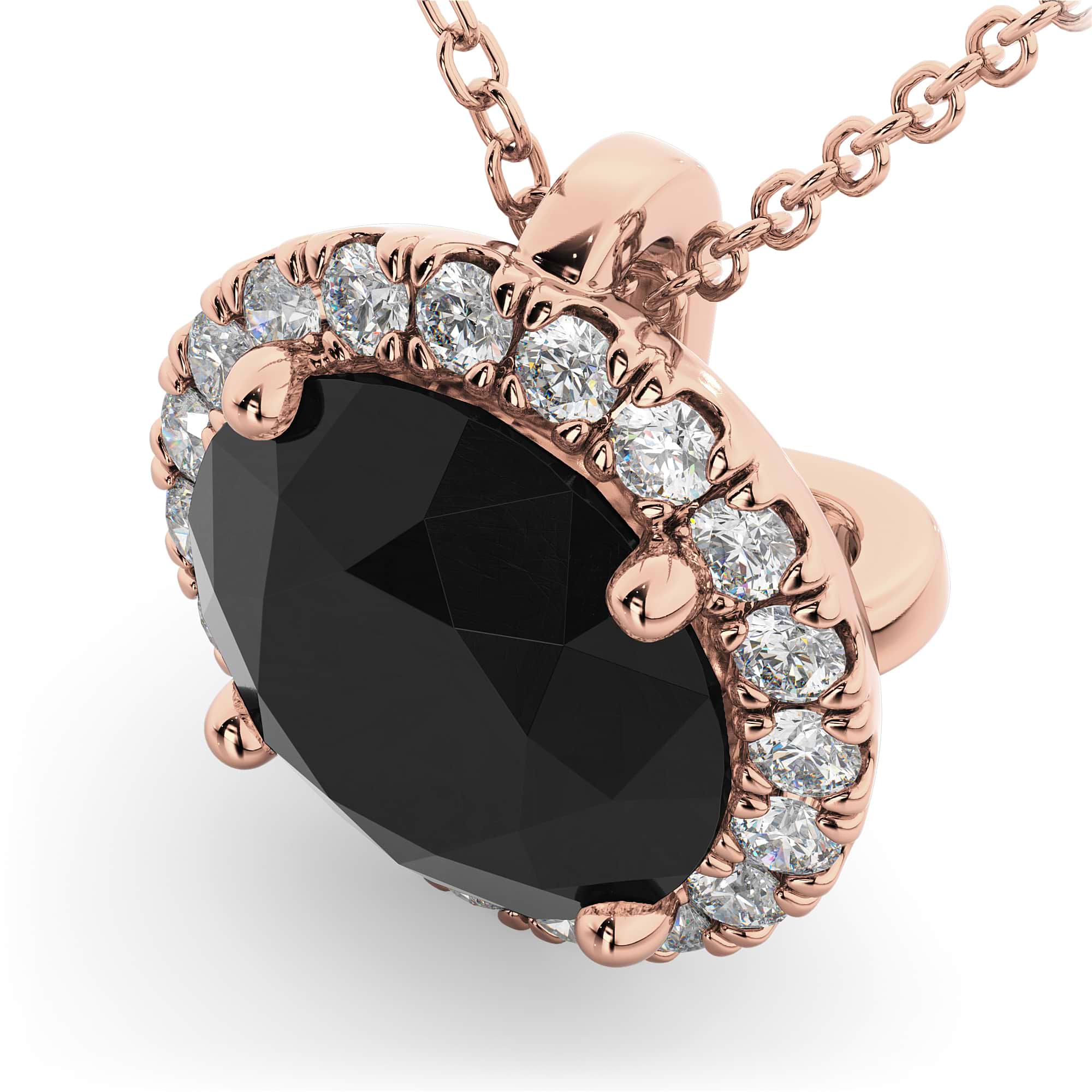Halo Round Black Diamond Pendant Necklace 14k Rose Gold (2.29ct)