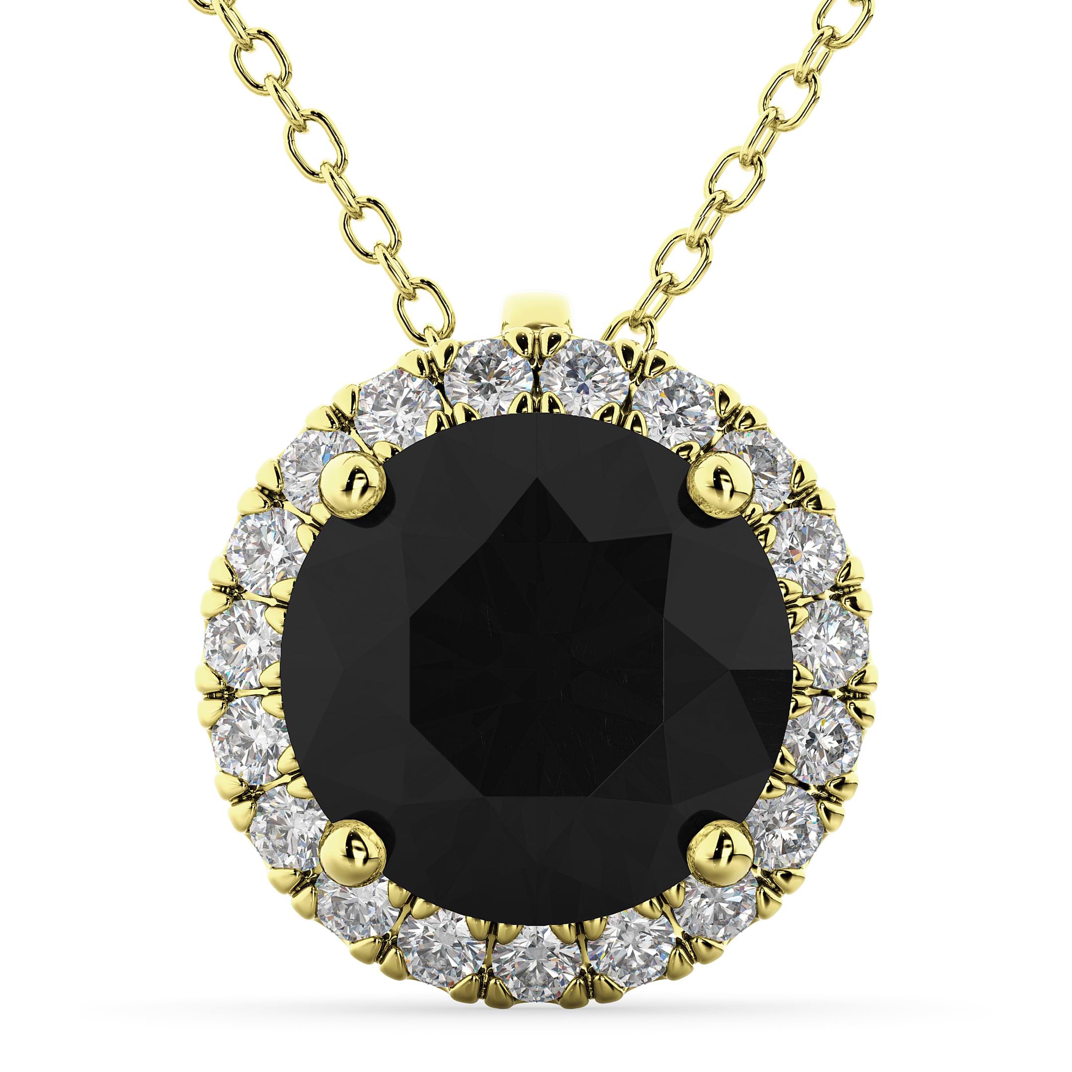 Halo Round Black Diamond Pendant Necklace 14k Yellow Gold (2.29ct)