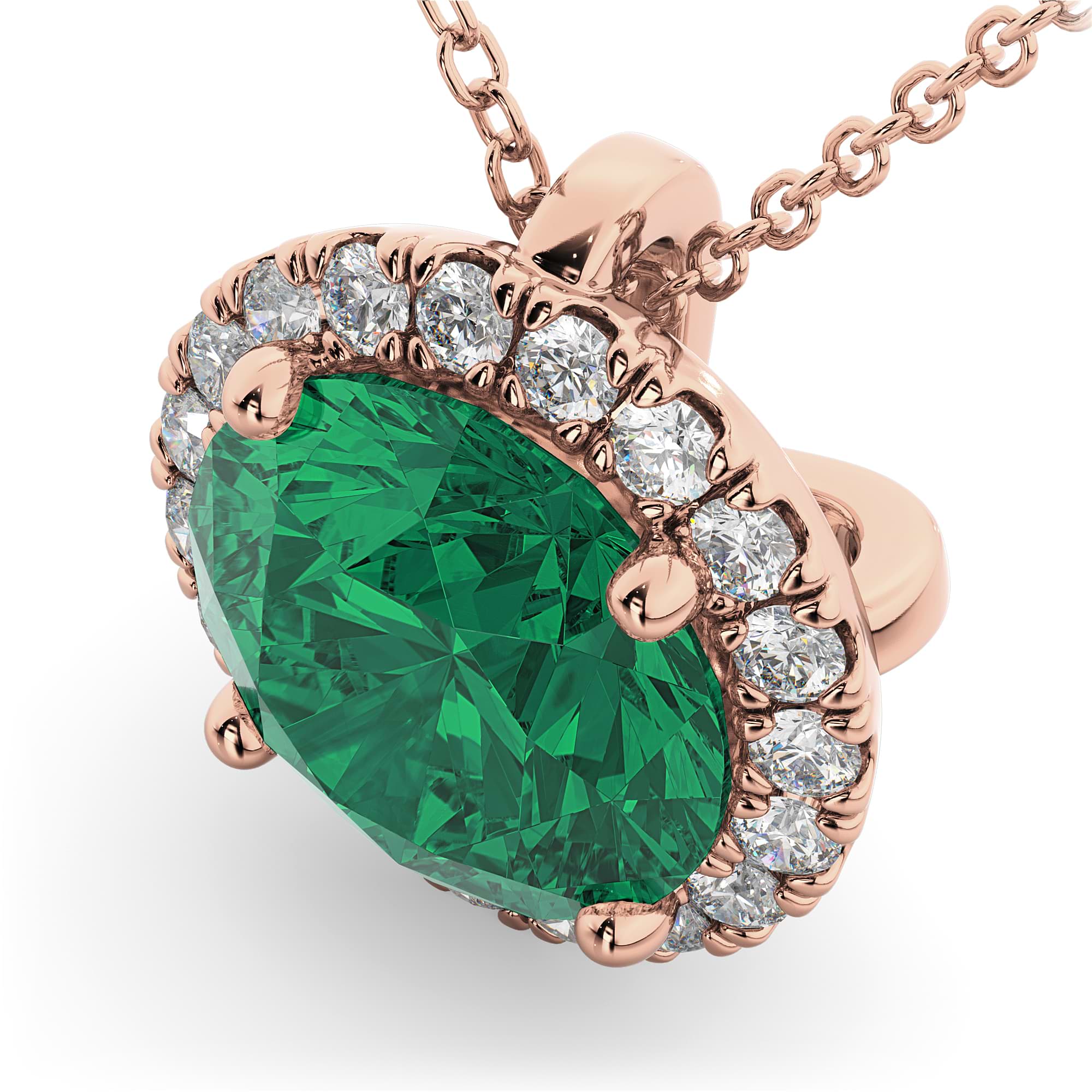 Halo Round Emerald & Diamond Pendant Necklace 14k Rose Gold (2.79ct)