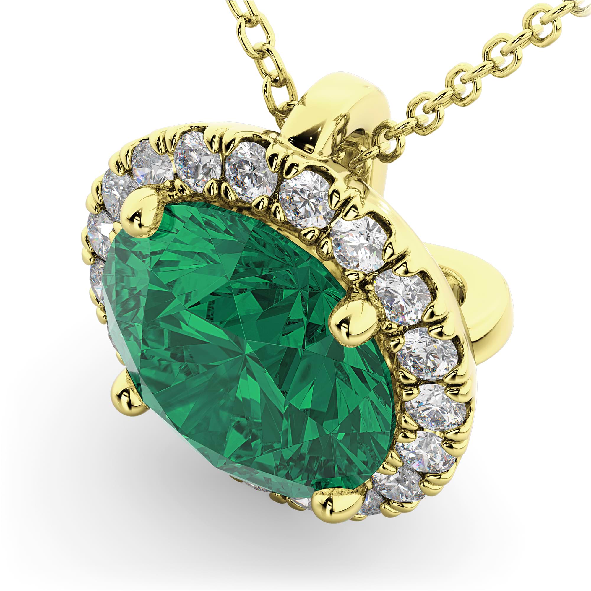 Halo Round Emerald & Diamond Pendant Necklace 14k Yellow Gold (2.79ct)