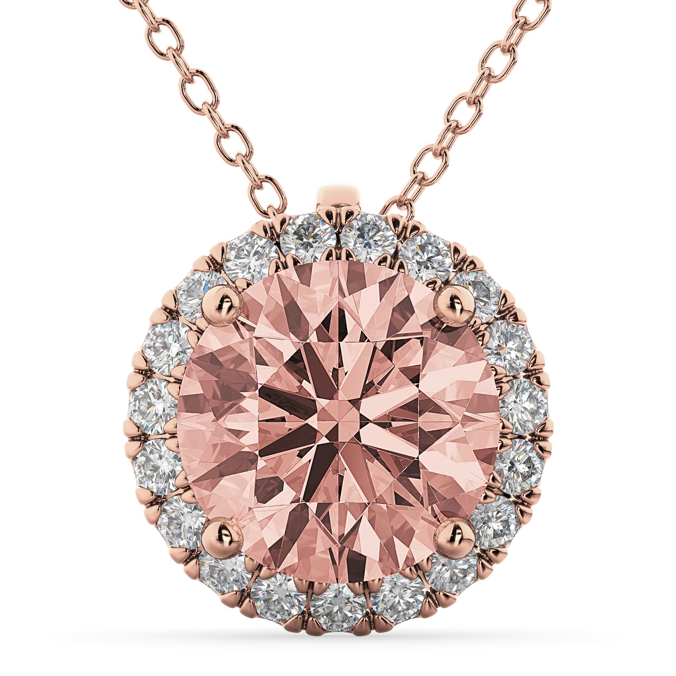 Halo Round Morganite & Diamond Pendant Necklace 14k Rose Gold (2.09ct)
