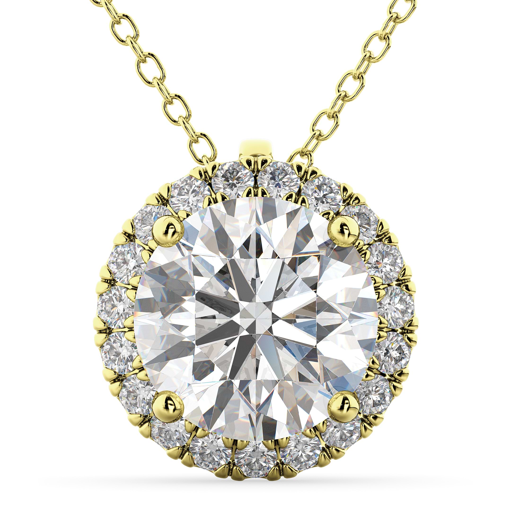 Halo Round Moissanite & Diamond Pendant Necklace 14k Yellow Gold (1.89ct)