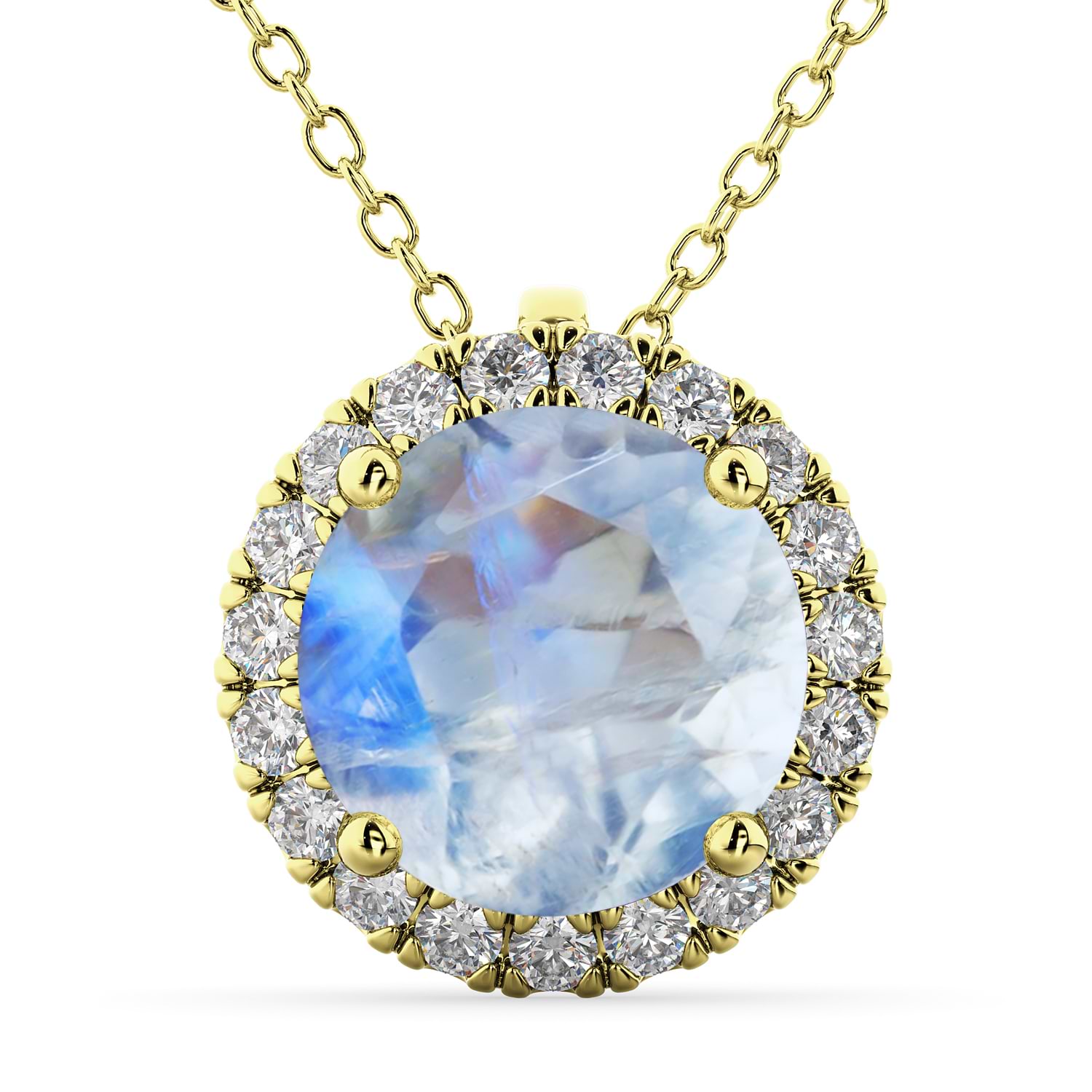 Halo Round Moonstone & Diamond Pendant Necklace 14k Yellow Gold (2.09ct)
