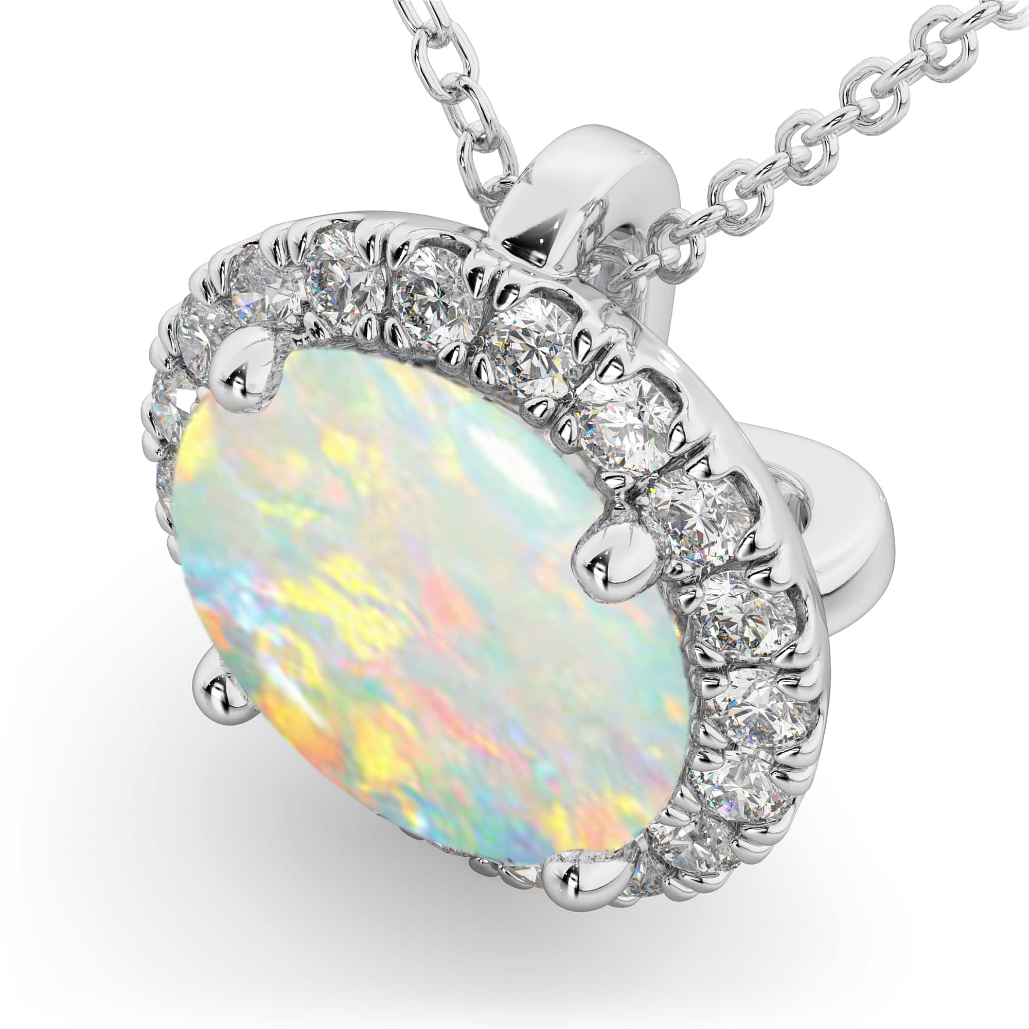 Halo Round Opal And Diamond Pendant Necklace 14k White Gold 209ct Ad4996 1951