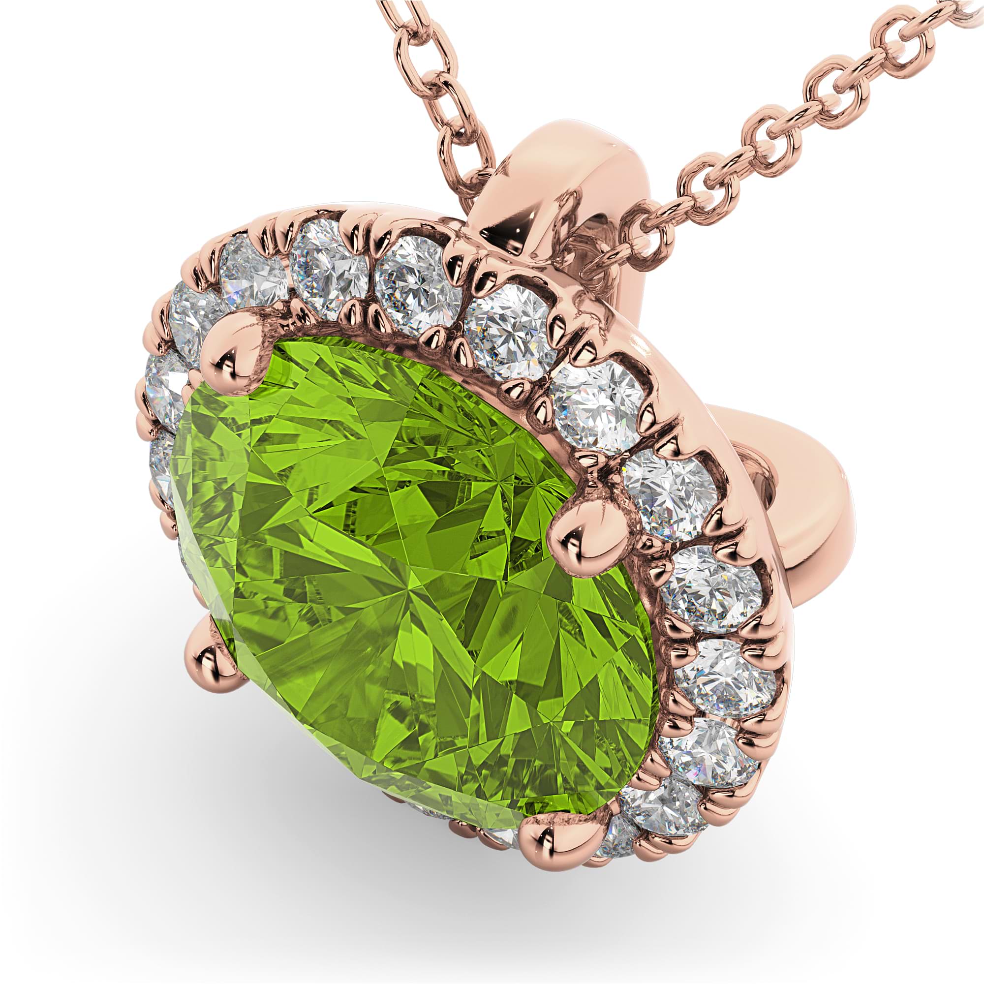 Halo Round Peridot & Diamond Pendant Necklace 14k Rose Gold (2.29ct)