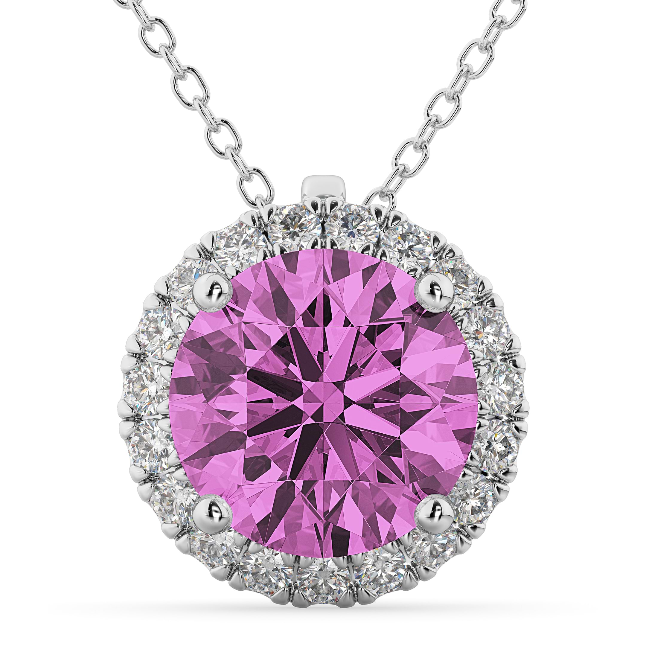 Halo Round Pink Sapphire & Diamond Pendant Necklace 14k White Gold (2.59ct)