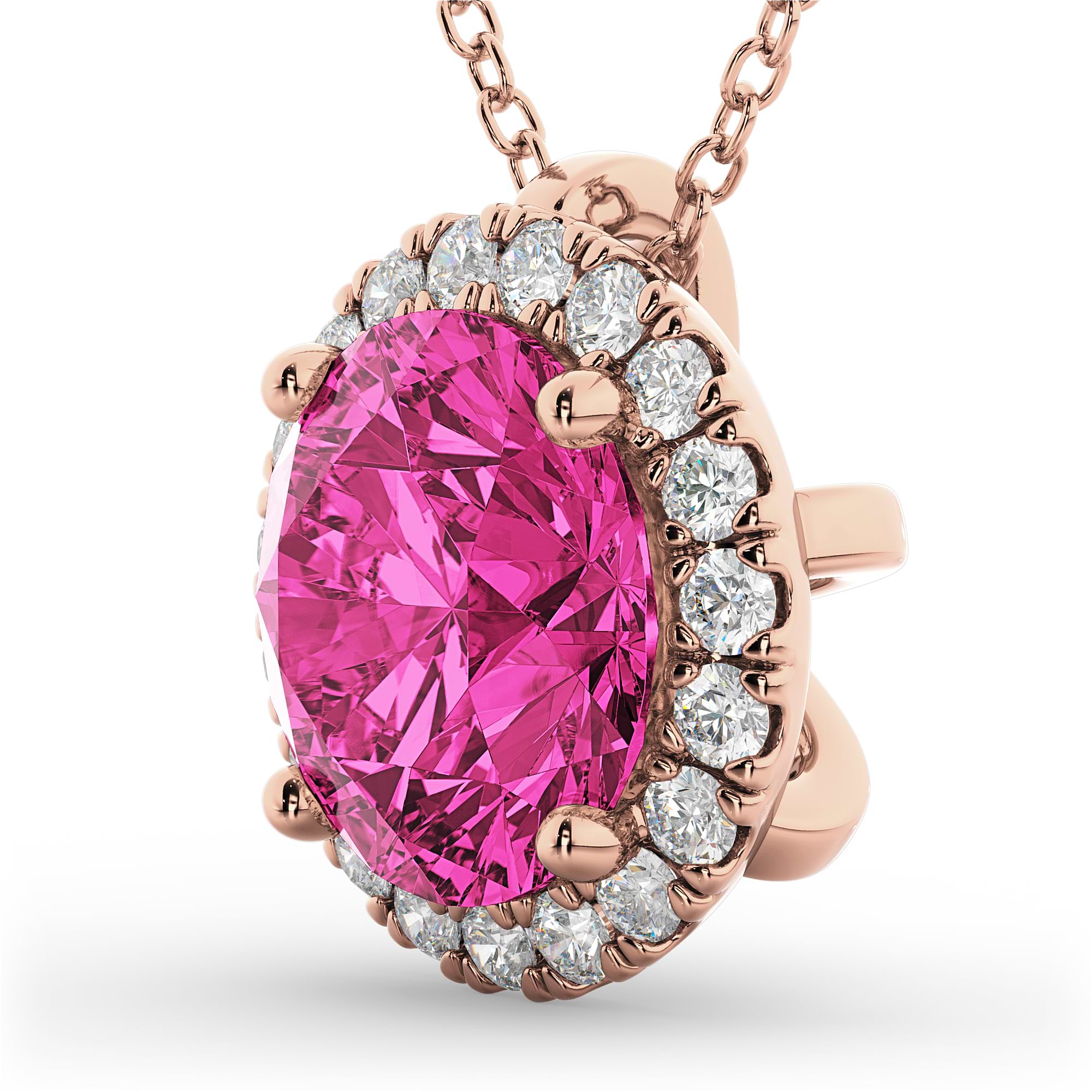 Halo Round Pink Tourmaline & Diamond Pendant Necklace 14k Rose Gold (2.29ct)