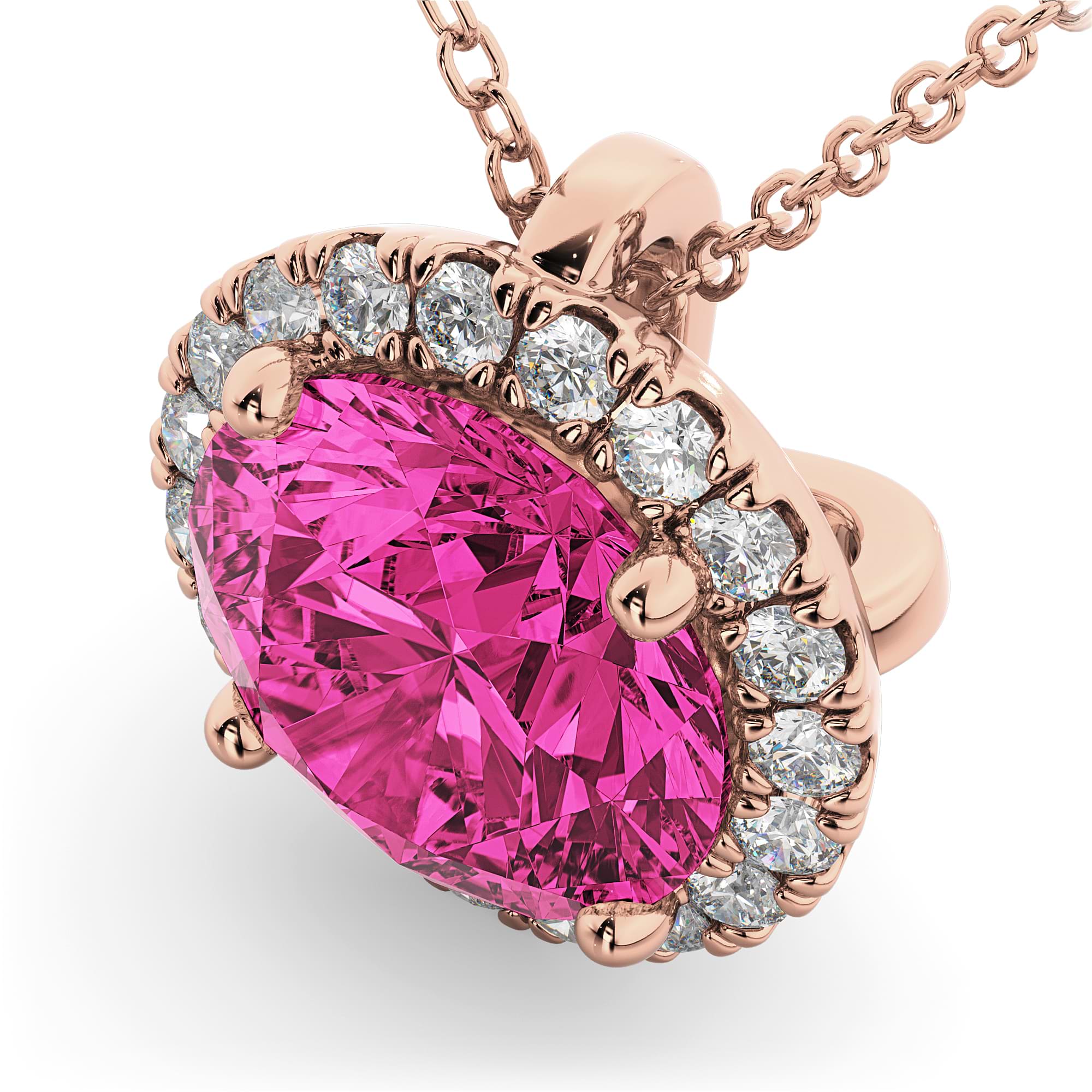 Halo Round Pink Tourmaline & Diamond Pendant Necklace 14k Rose Gold (2.29ct)
