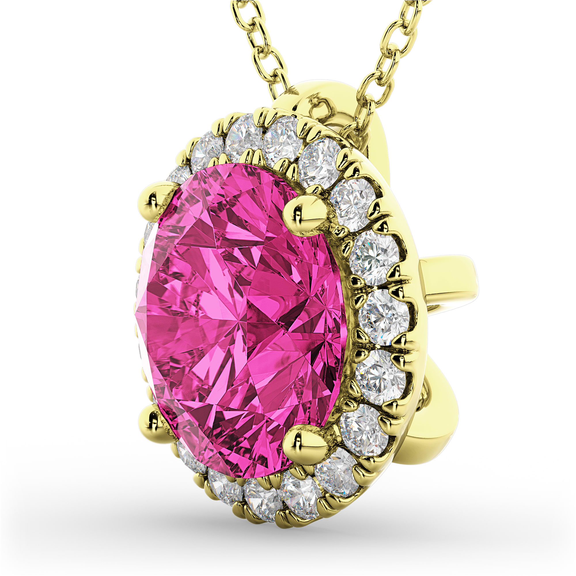 Halo Round Pink Tourmaline & Diamond Pendant Necklace 14k Yellow Gold (2.29ct)