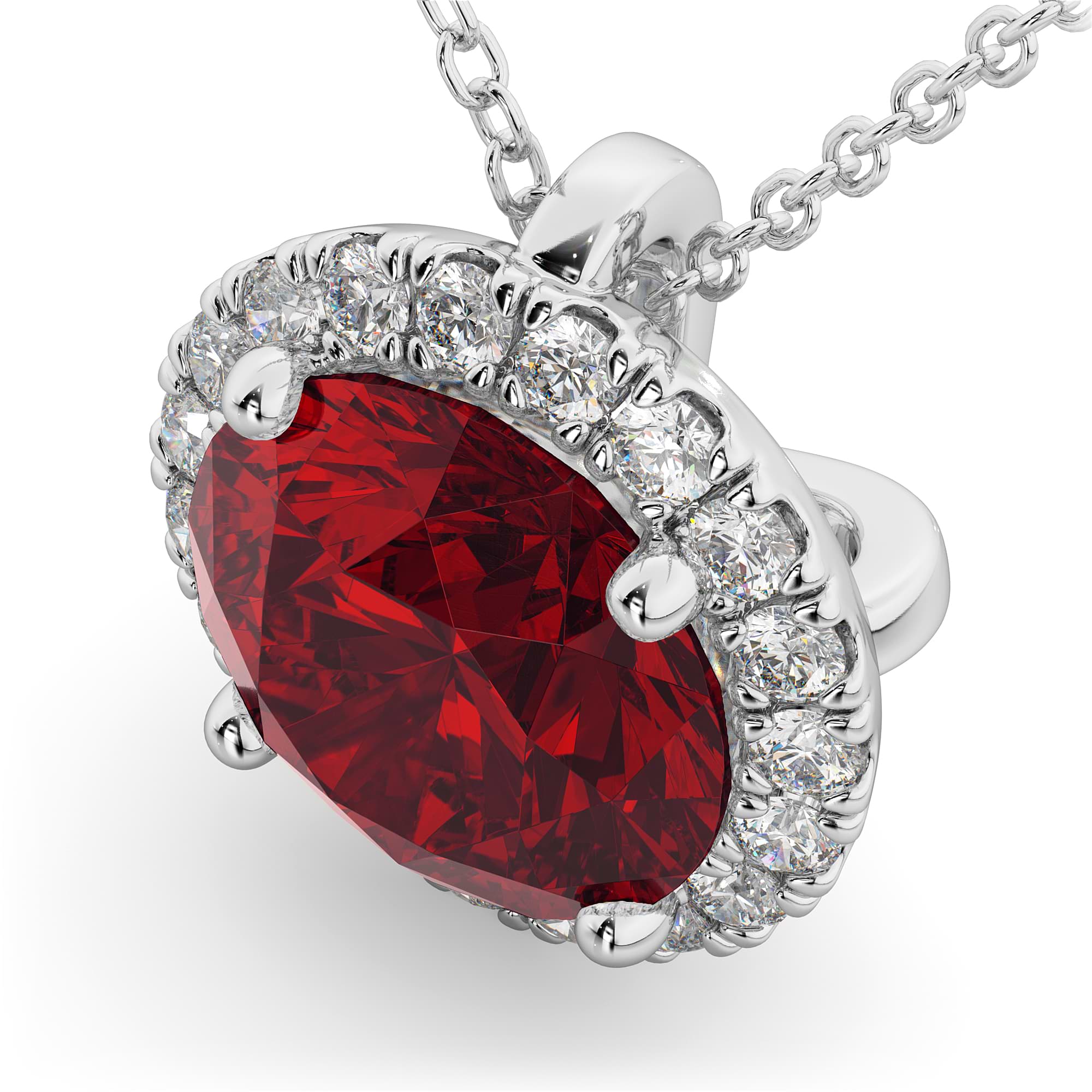 Halo Round Ruby & Diamond Pendant Necklace 14k White Gold (2.59ct)