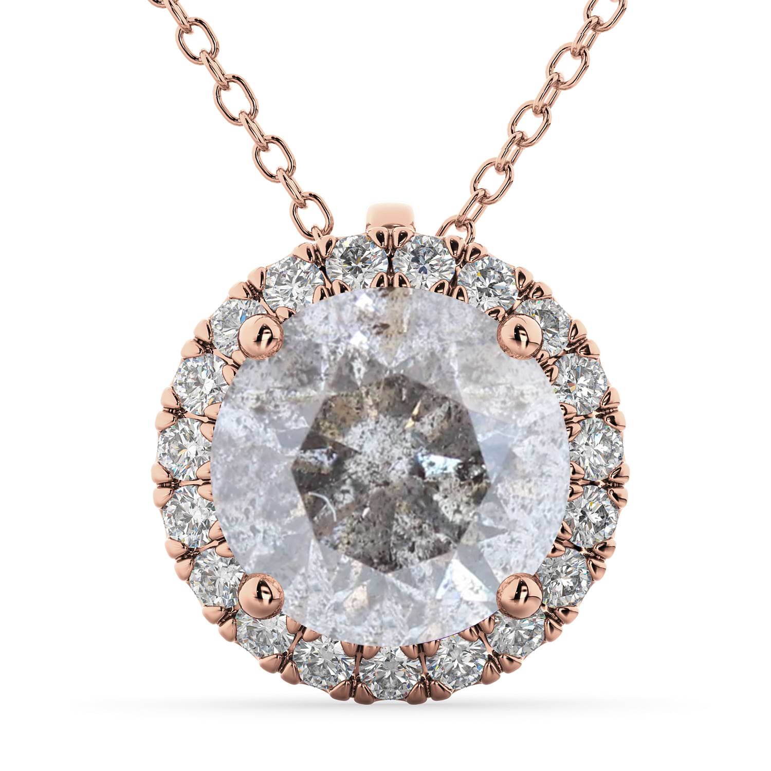 Halo Round Salt & Pepper Diamond Pendant Necklace 14k Rose Gold (2.29ct)