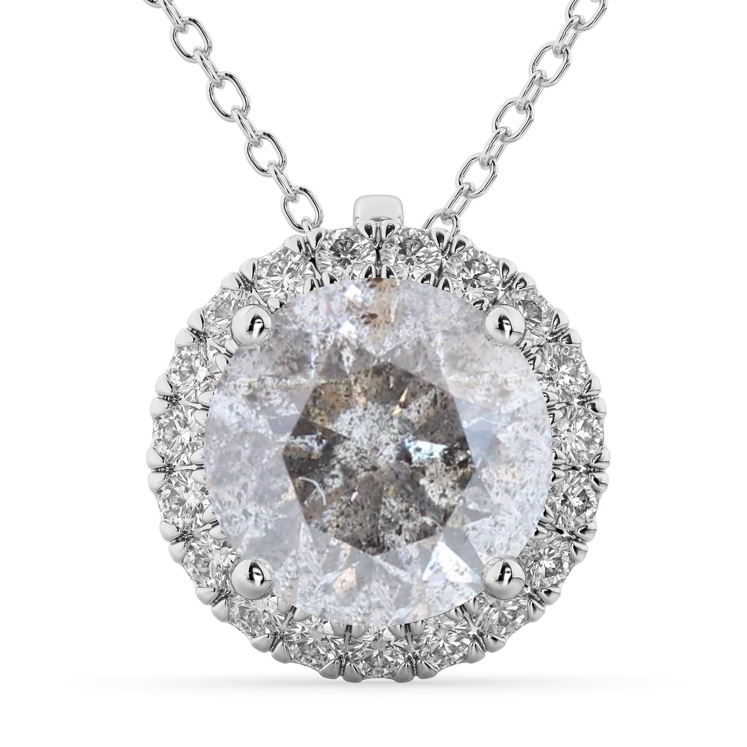 Halo Round Salt & Pepper Diamond Pendant Necklace 14k White Gold (2.29ct)