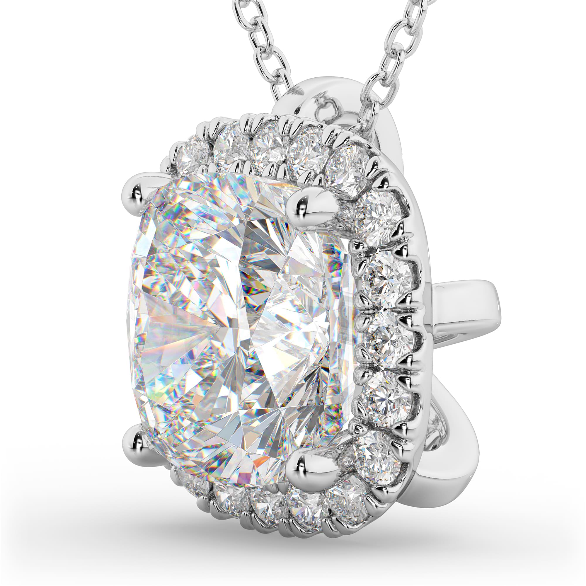 Halo Cushion Cut Diamond Pendant Necklace 14k White Gold (2.27ct)