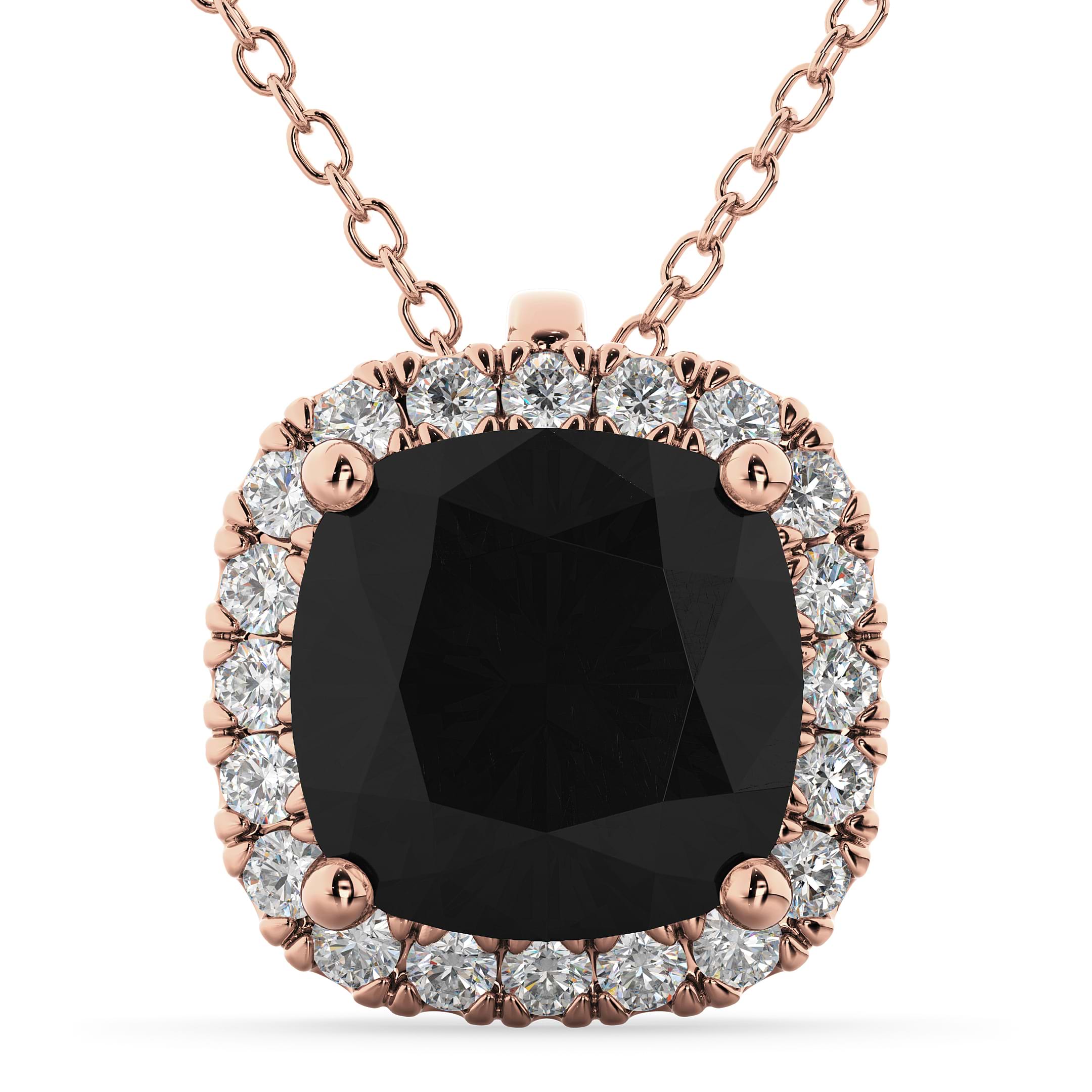Halo Cushion Cut Black Diamond Necklace 14k Rose Gold (2.27ct)