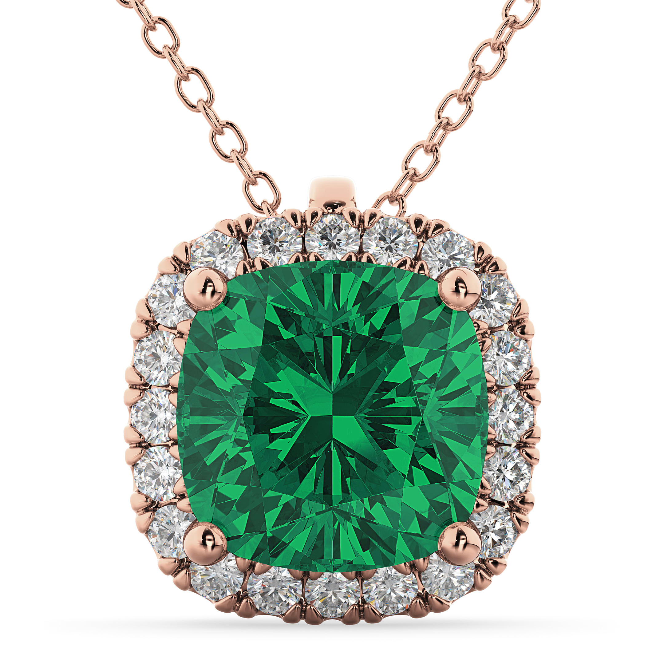 Halo Emerald Cushion Cut Pendant Necklace 14k Rose Gold (2.02ct)