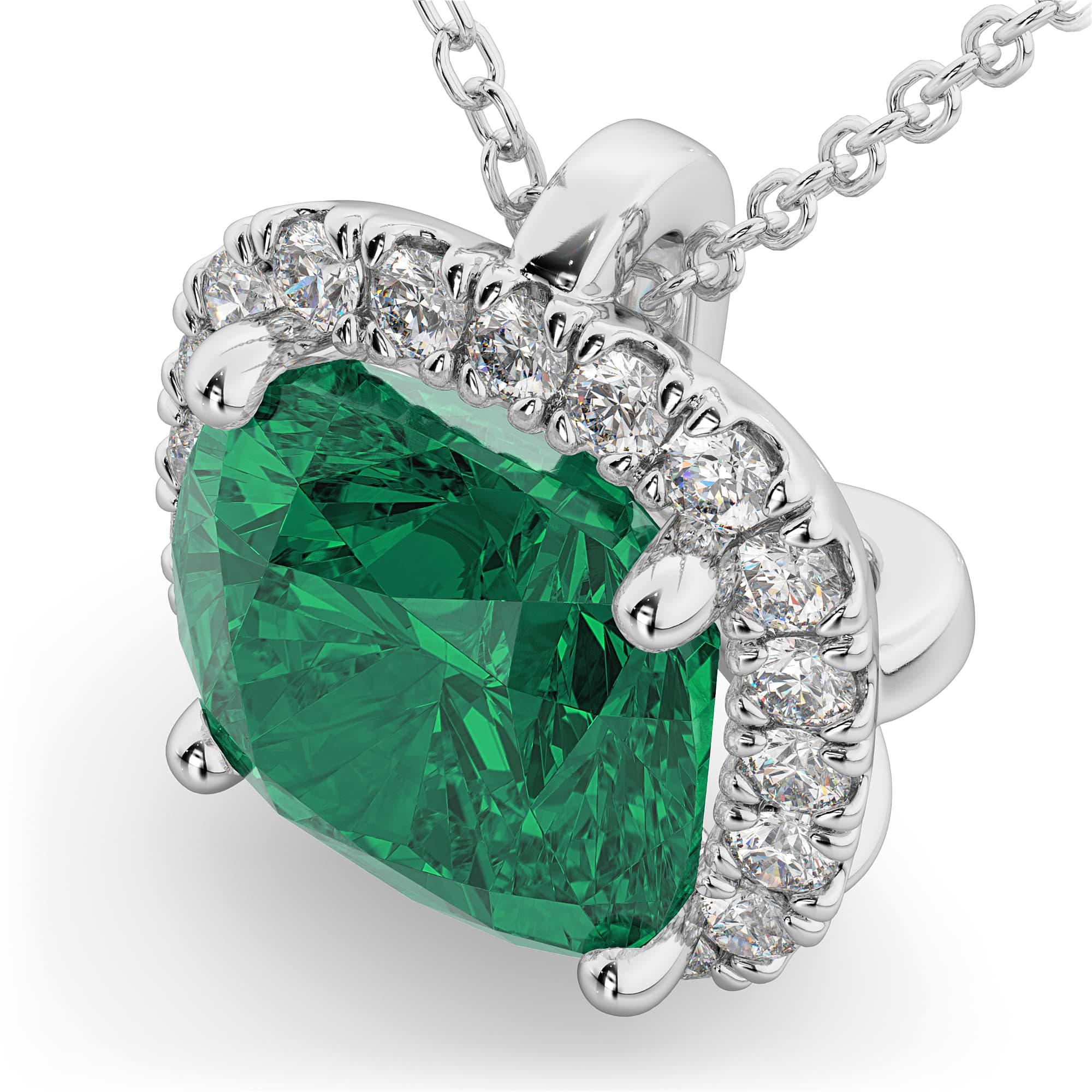 Halo Emerald Cushion Cut Pendant Necklace 14k White Gold (2.02ct)