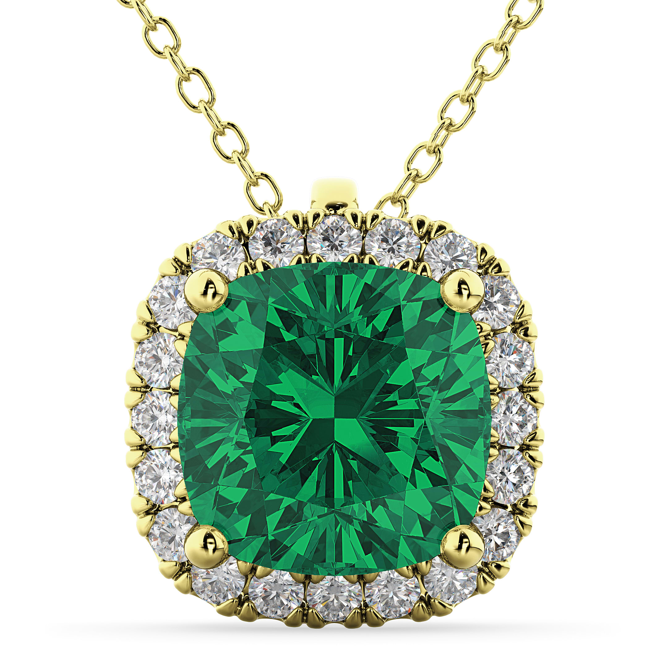 Halo Emerald Cushion Cut Pendant Necklace 14k Yellow Gold (2.02ct)