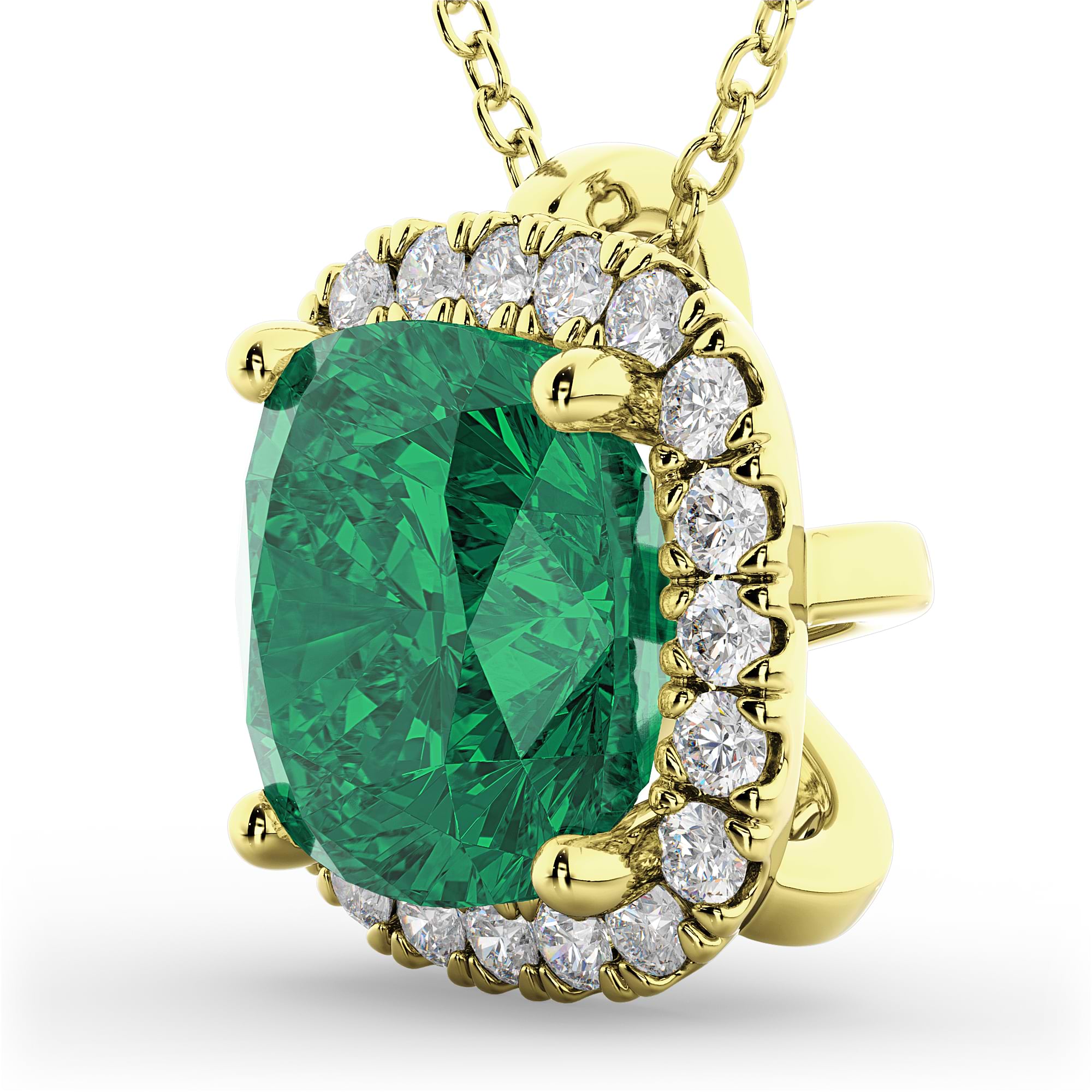 Halo Emerald Cushion Cut Pendant Necklace 14k Yellow Gold (2.02ct)