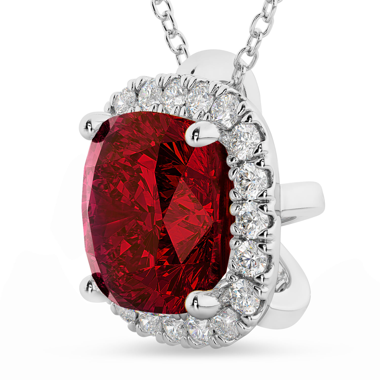 Halo Lab Ruby Cushion Cut Pendant Necklace 14k White Gold (2.02ct)