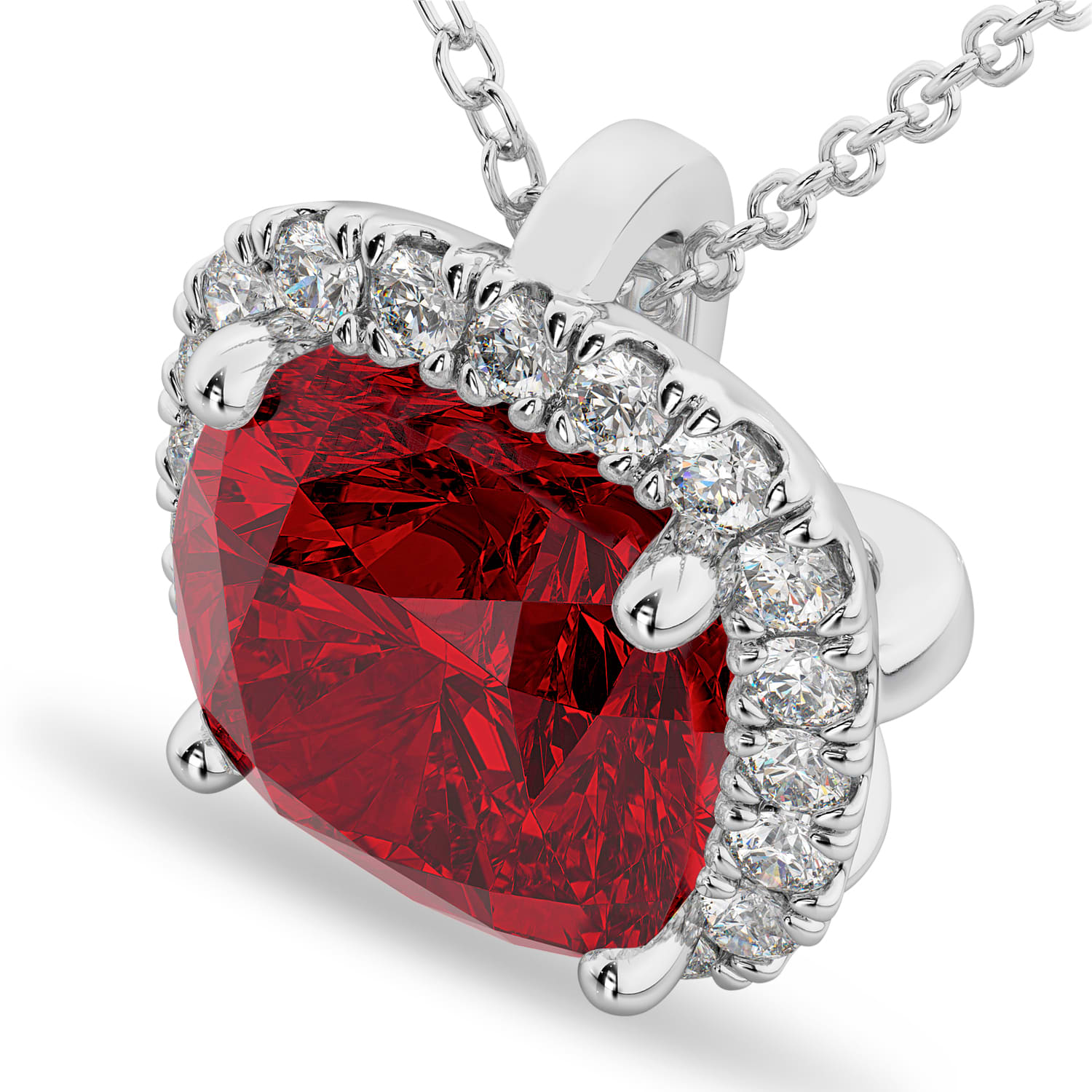 Halo Lab Ruby Cushion Cut Pendant Necklace 14k White Gold (2.02ct)