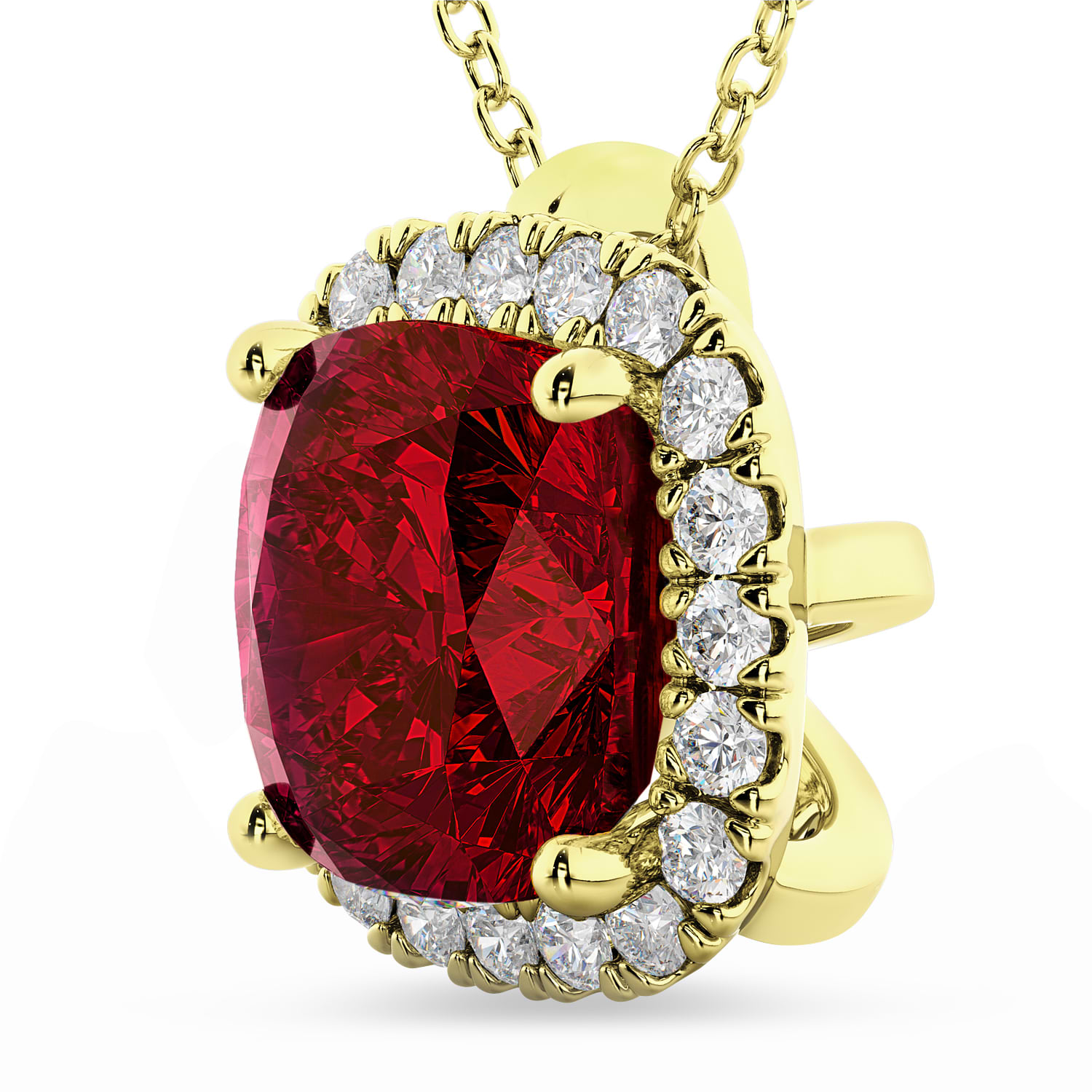 Halo Lab Ruby Cushion Cut Pendant Necklace 14k Yellow Gold (2.02ct)