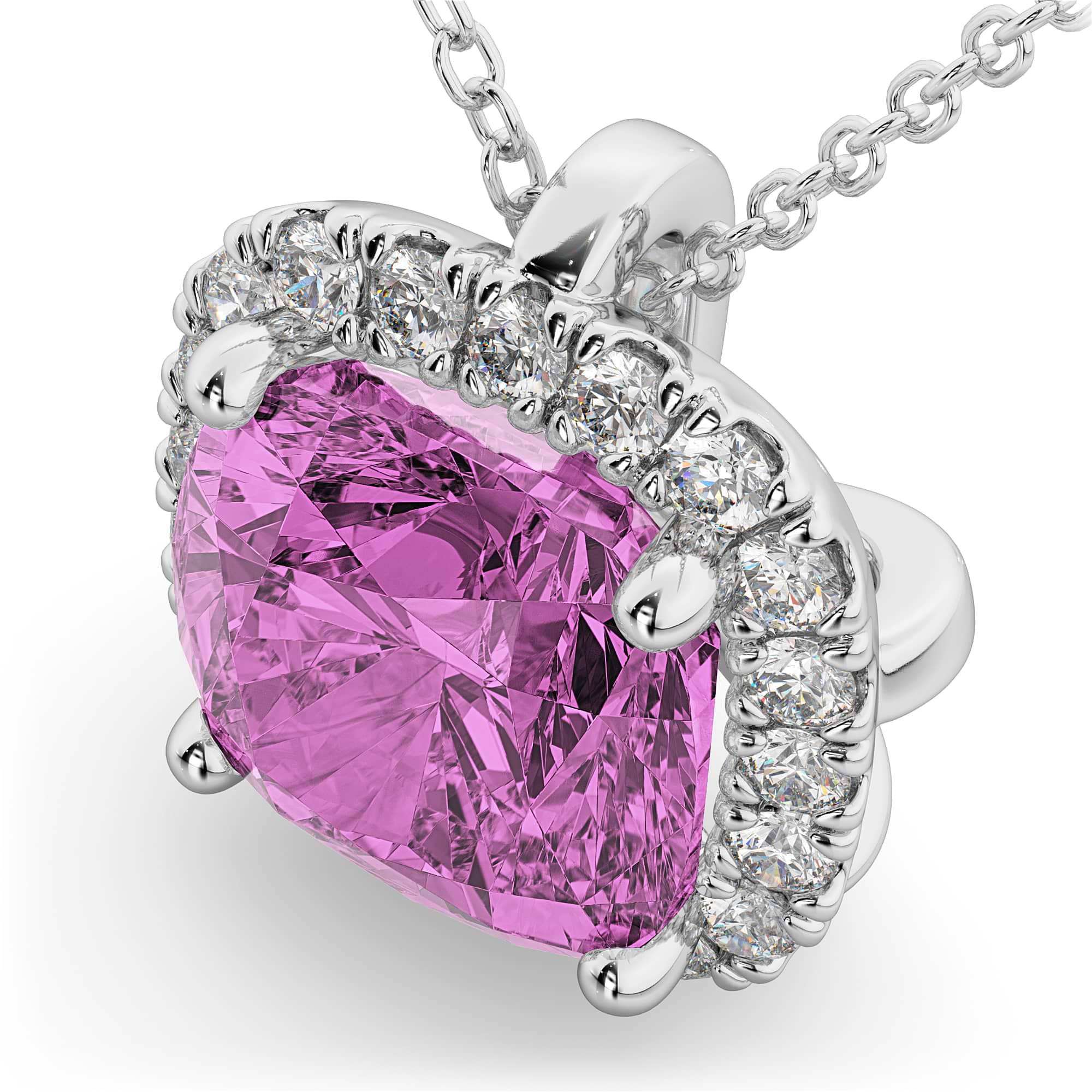 Halo Pink Sapphire Cushion Cut Pendant Necklace 14k White Gold (2.02ct)