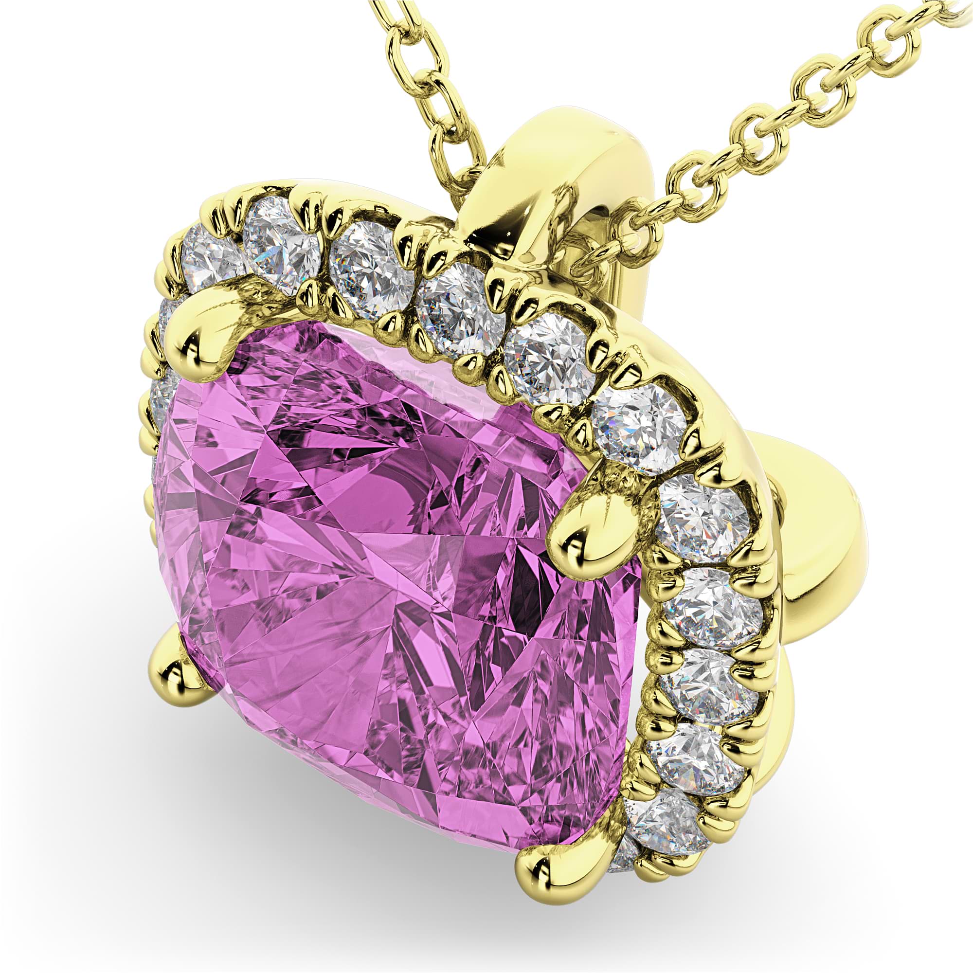Halo Pink Sapphire Cushion Cut Pendant Necklace 14k Yellow Gold (2.02ct)