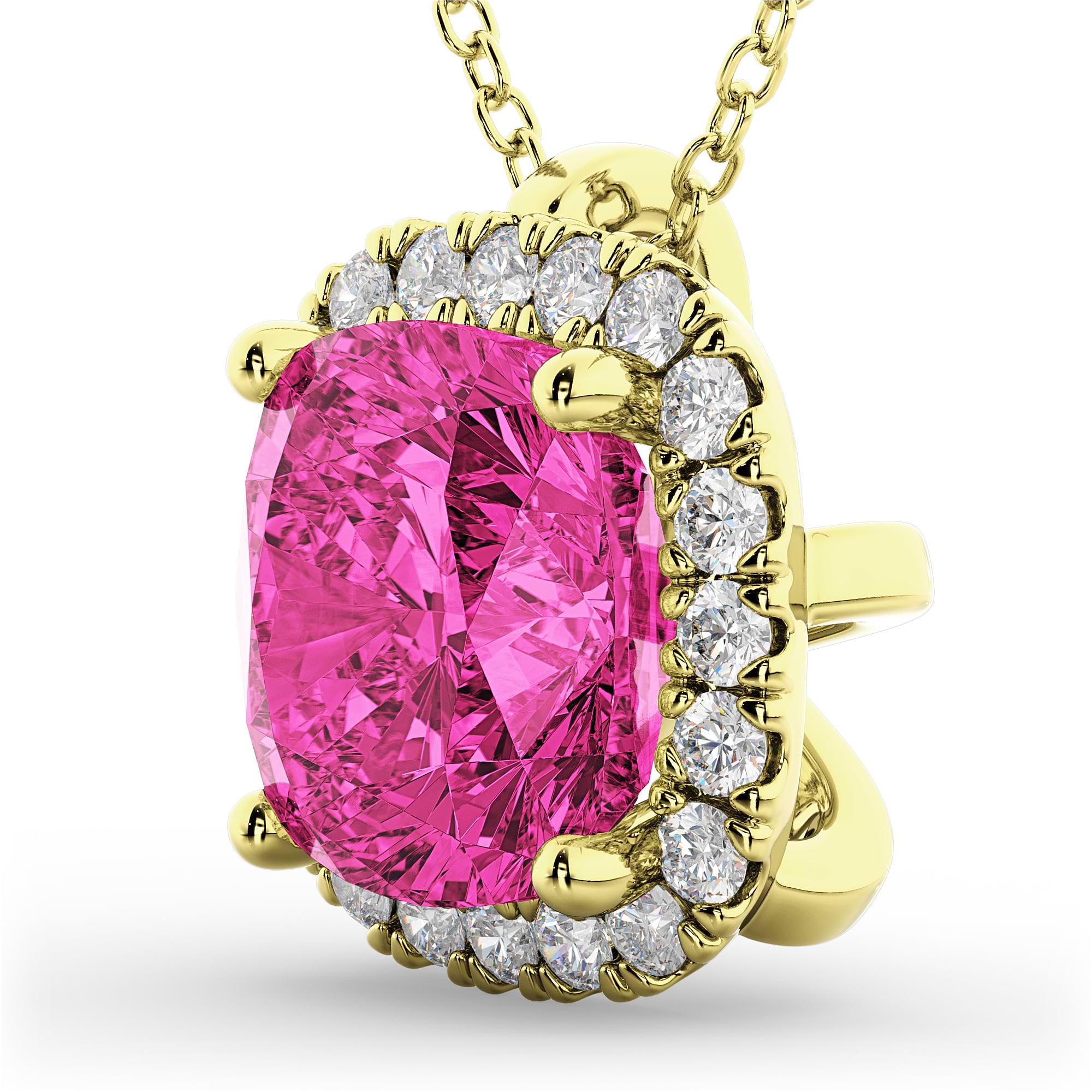Halo Pink Tourmaline Cushion Cut Pendant Necklace 14k Yellow Gold (2.02ct)