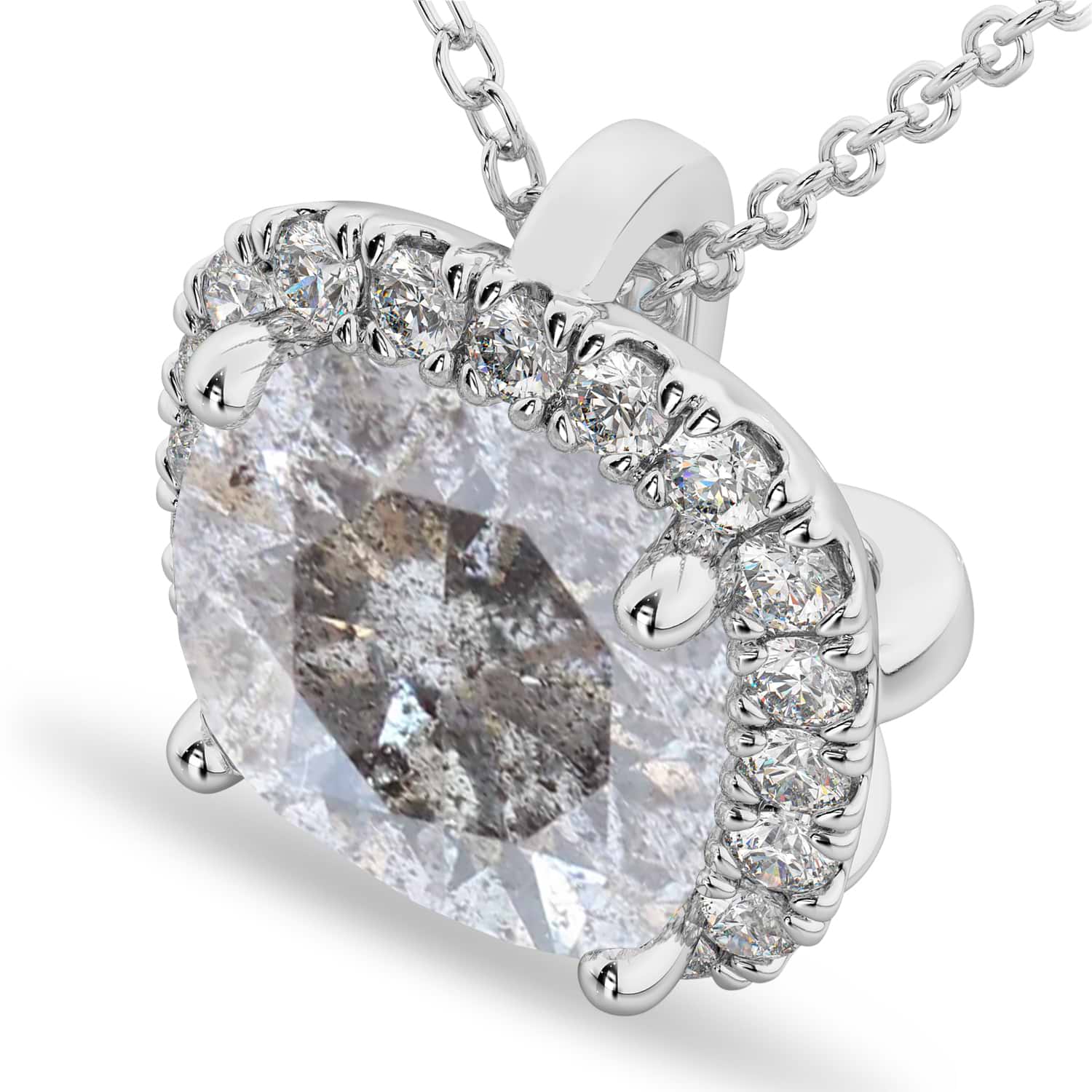 Halo Cushion Cut Salt & Pepper Diamond Necklace 14k White Gold (2.27ct)