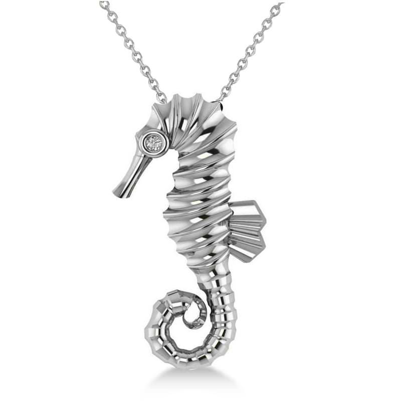 Diamond Summertime Seahorse Pendant Necklace 14k White Gold (0.01ct)