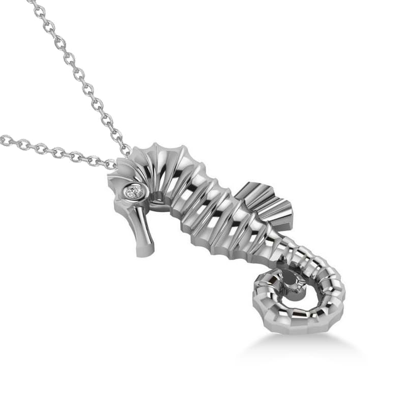 Diamond Summertime Seahorse Pendant Necklace 14k White Gold (0.01ct)