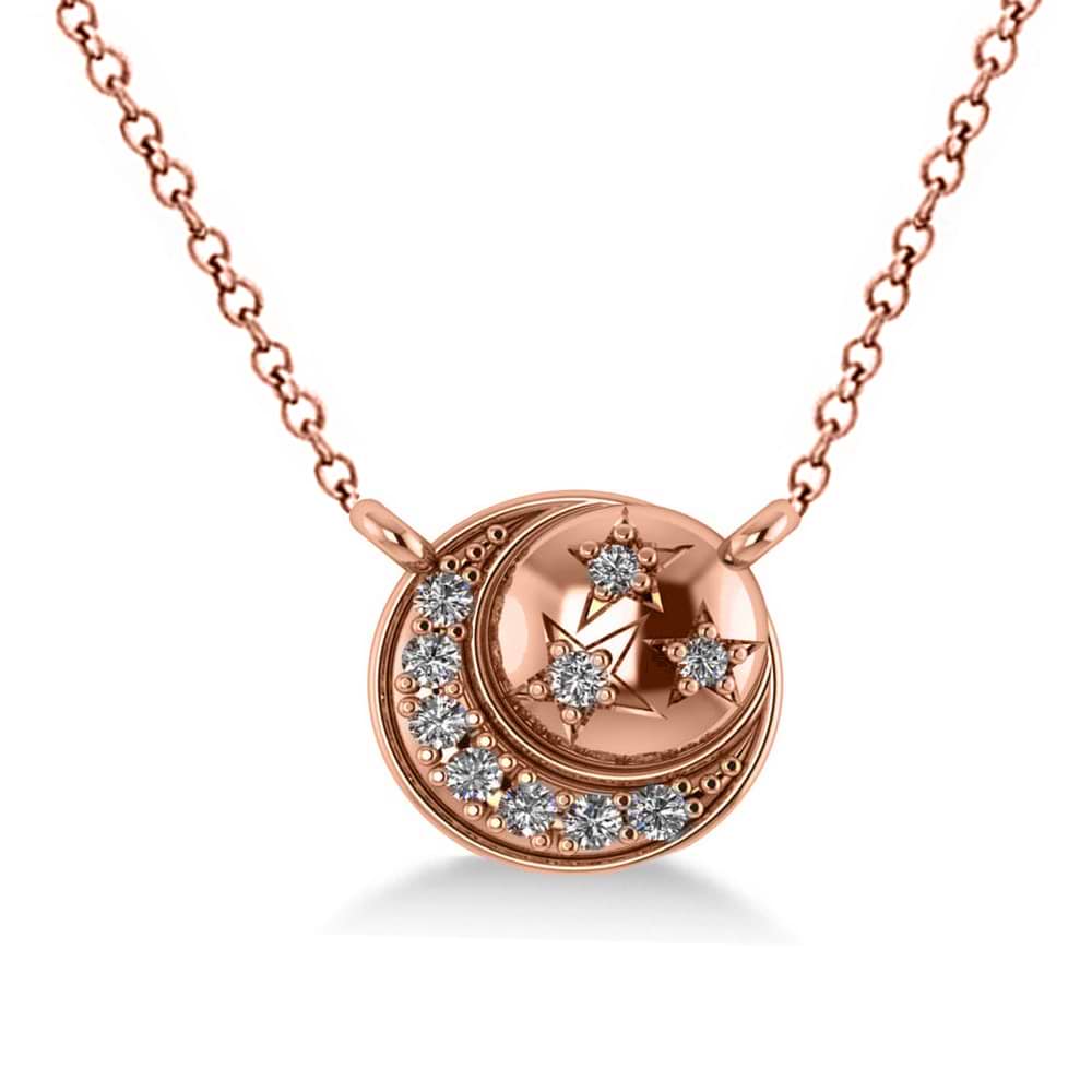 Diamond Crescent Moon & Stars Pendant Necklace 14k Rose Gold (0.14ct)