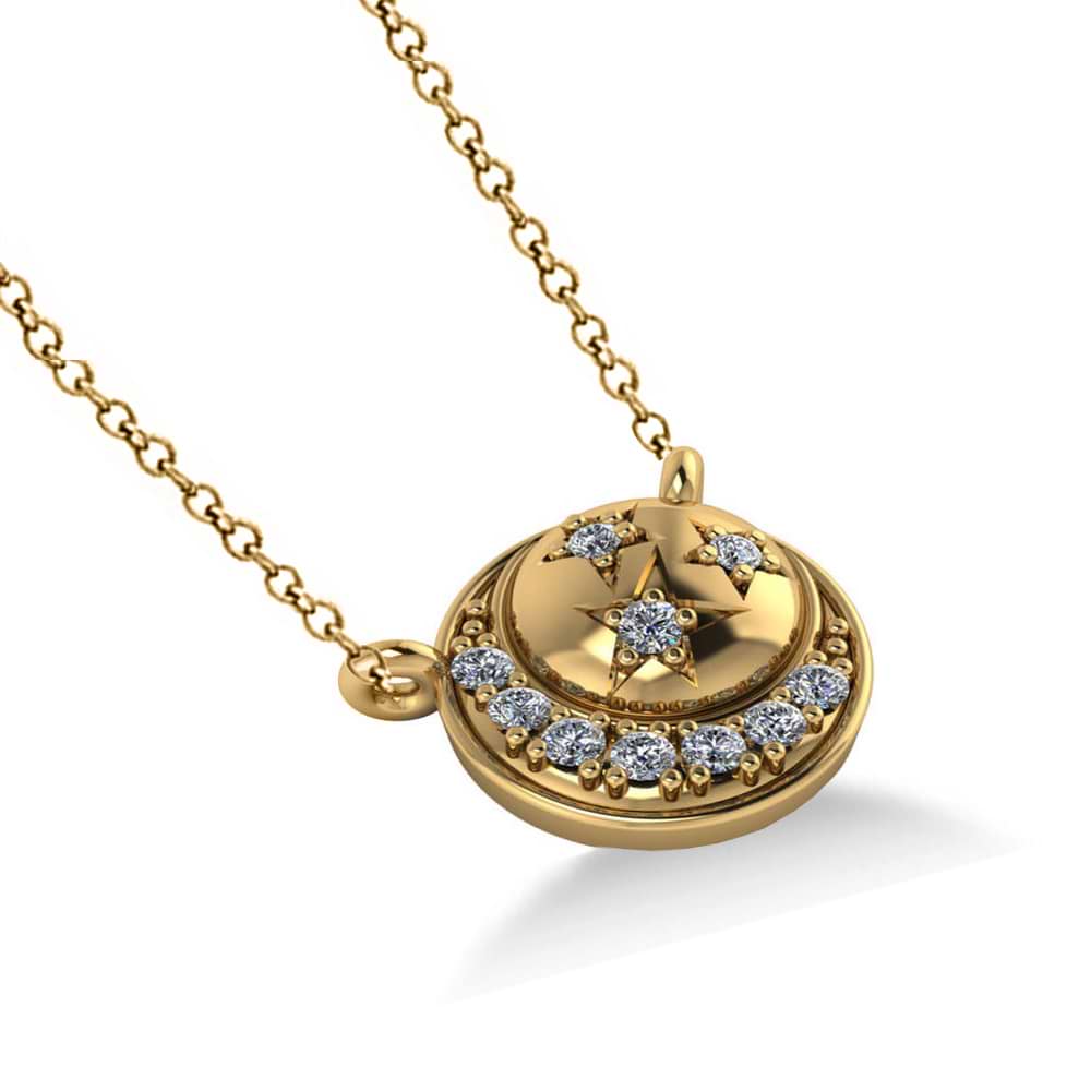 Diamond Crescent Moon & Stars Pendant Necklace 14k Yellow Gold 0.14ct