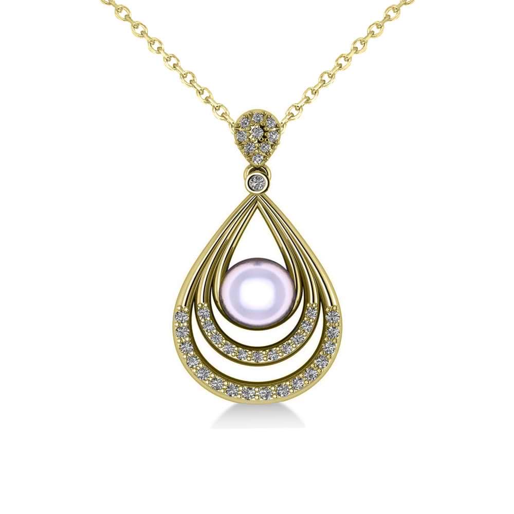 Pearl & Diamond Tear Drop Pendant Necklace 14k Yellow Gold (0.46ct)