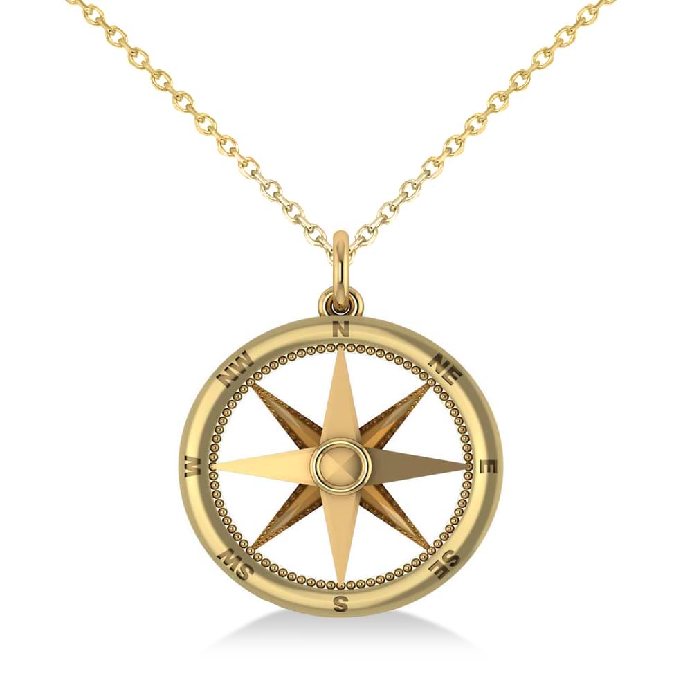Nautical Compass Pendant Necklace Plain Metal 14k Yellow Gold