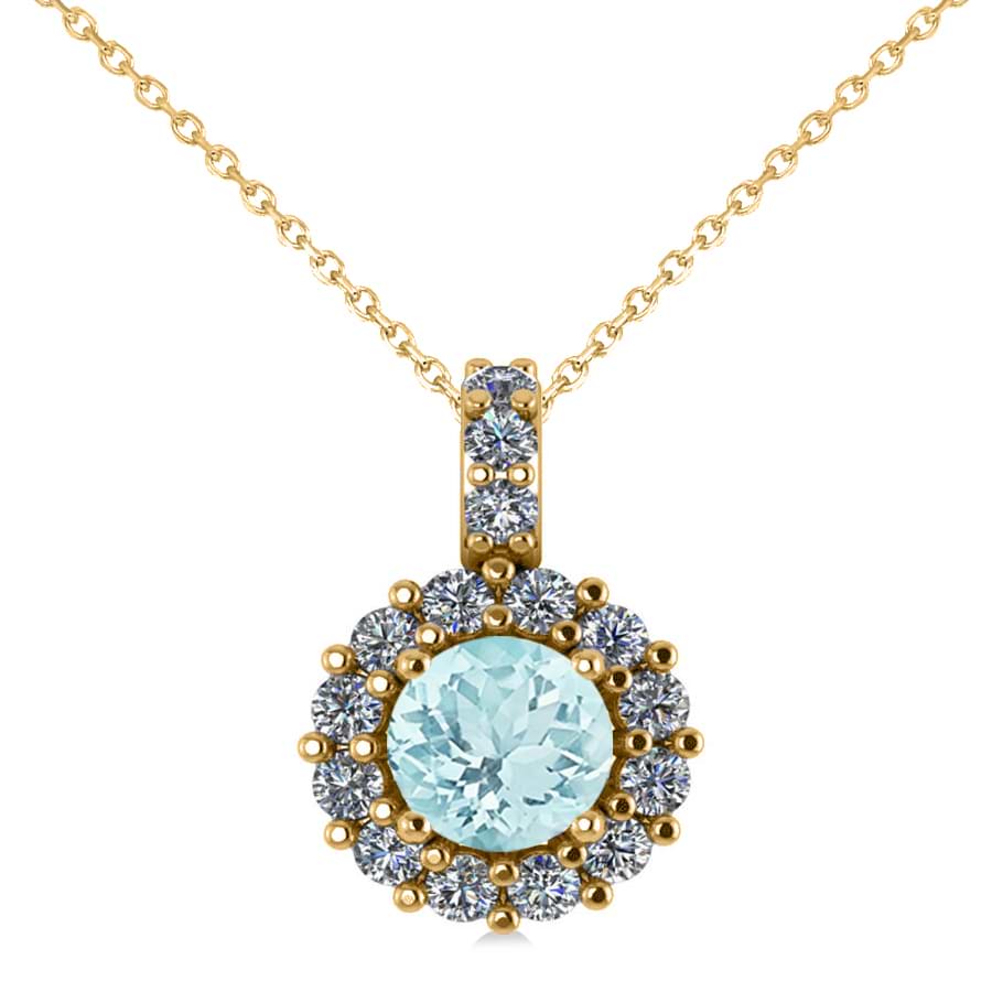 Round Aquamarine & Diamond Halo Pendant Necklace 14k Yellow Gold (0.75ct)