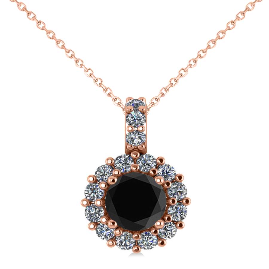 Round Black Diamond & Diamond Halo Pendant Necklace 14k Rose Gold (0.80ct)