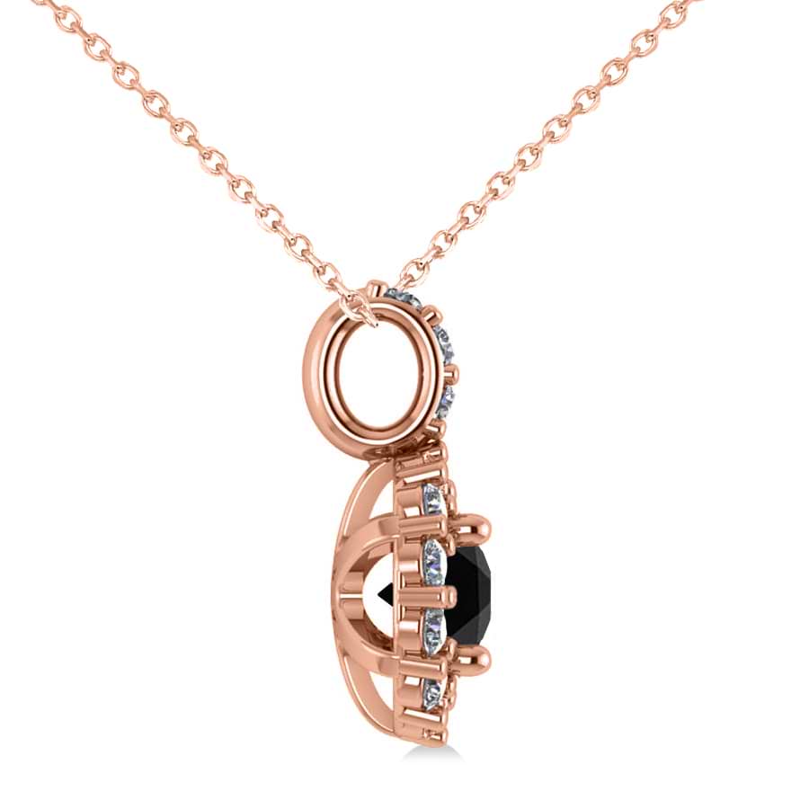 Round Black Diamond & Diamond Halo Pendant Necklace 14k Rose Gold (0.80ct)