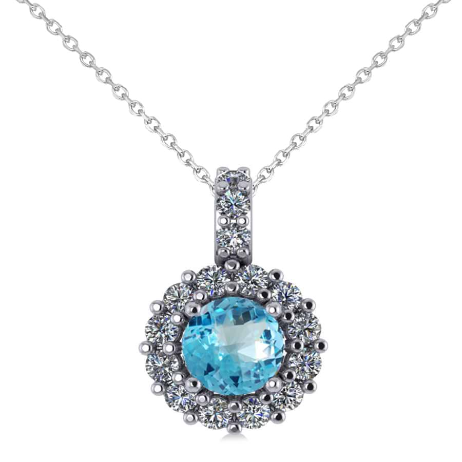 Round Blue Topaz & Diamond Halo Pendant Necklace 14k White Gold (0.86ct)