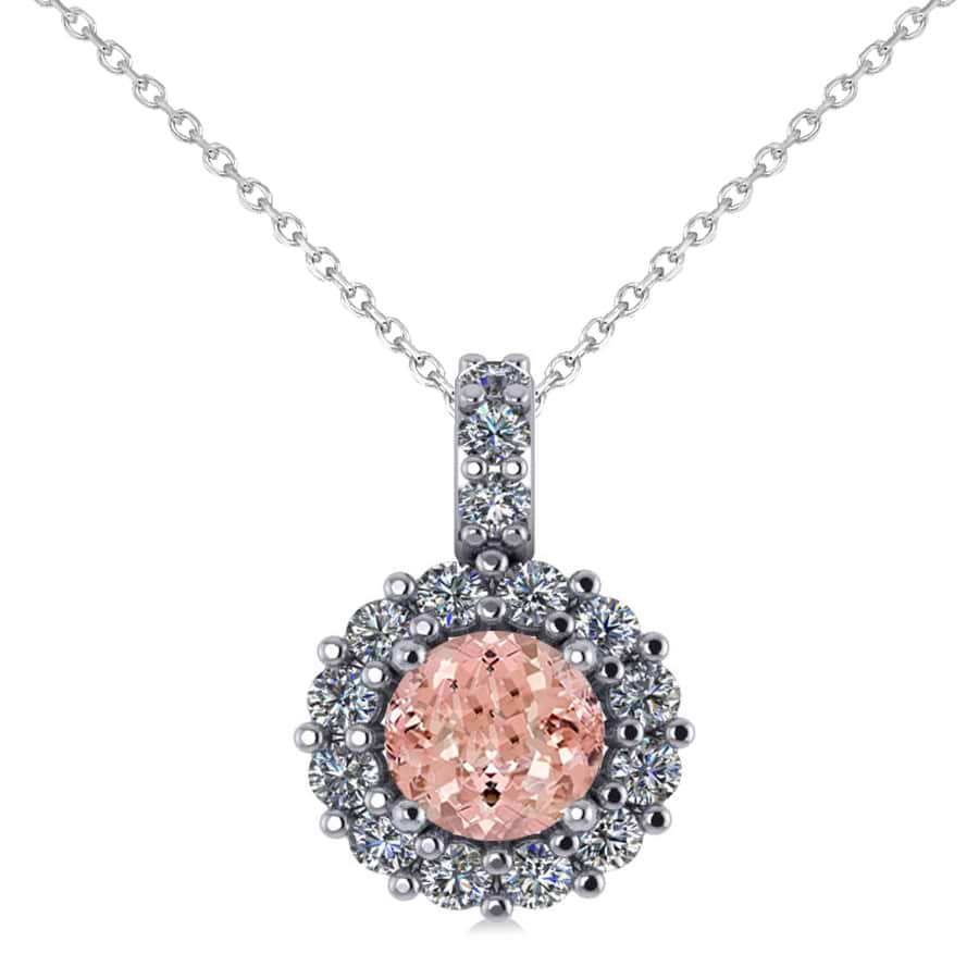 Round Pink Morganite & Diamond Halo Pendant Necklace 14k White Gold (0.70ct)