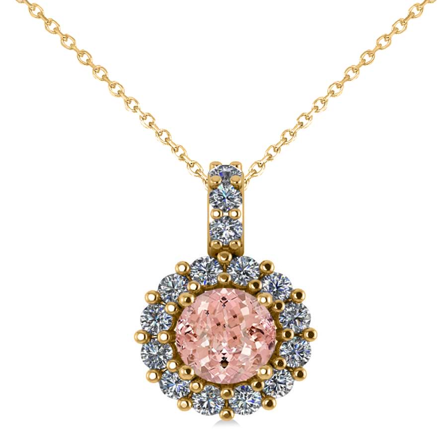 Round Pink Morganite & Diamond Halo Pendant Necklace 14k Yellow Gold (0.70ct)