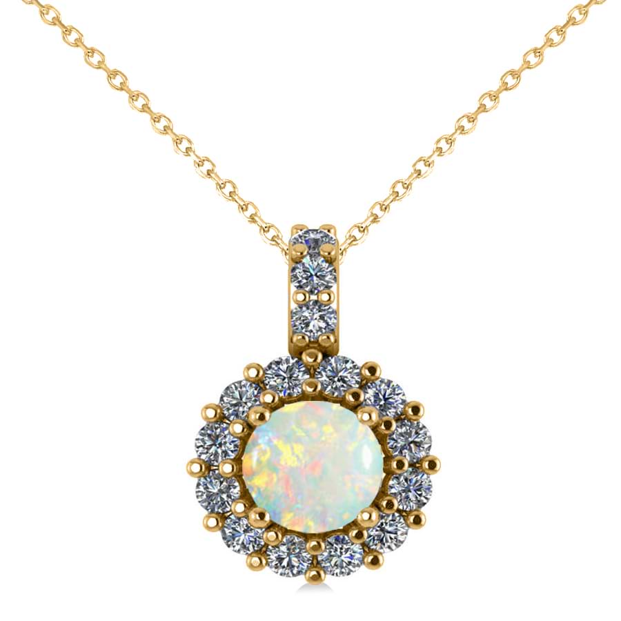 Round Opal & Diamond Halo Pendant Necklace 14k Yellow Gold (0.64ct)