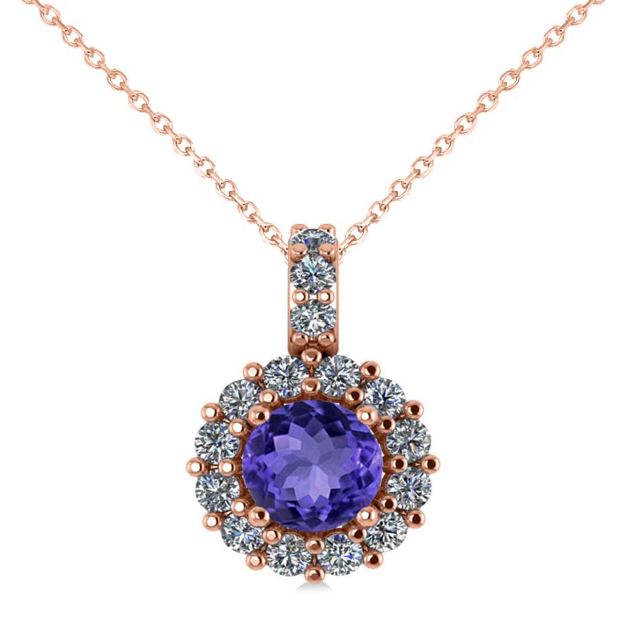 Round Tanzanite & Diamond Halo Pendant Necklace 14k Rose Gold (0.90ct)